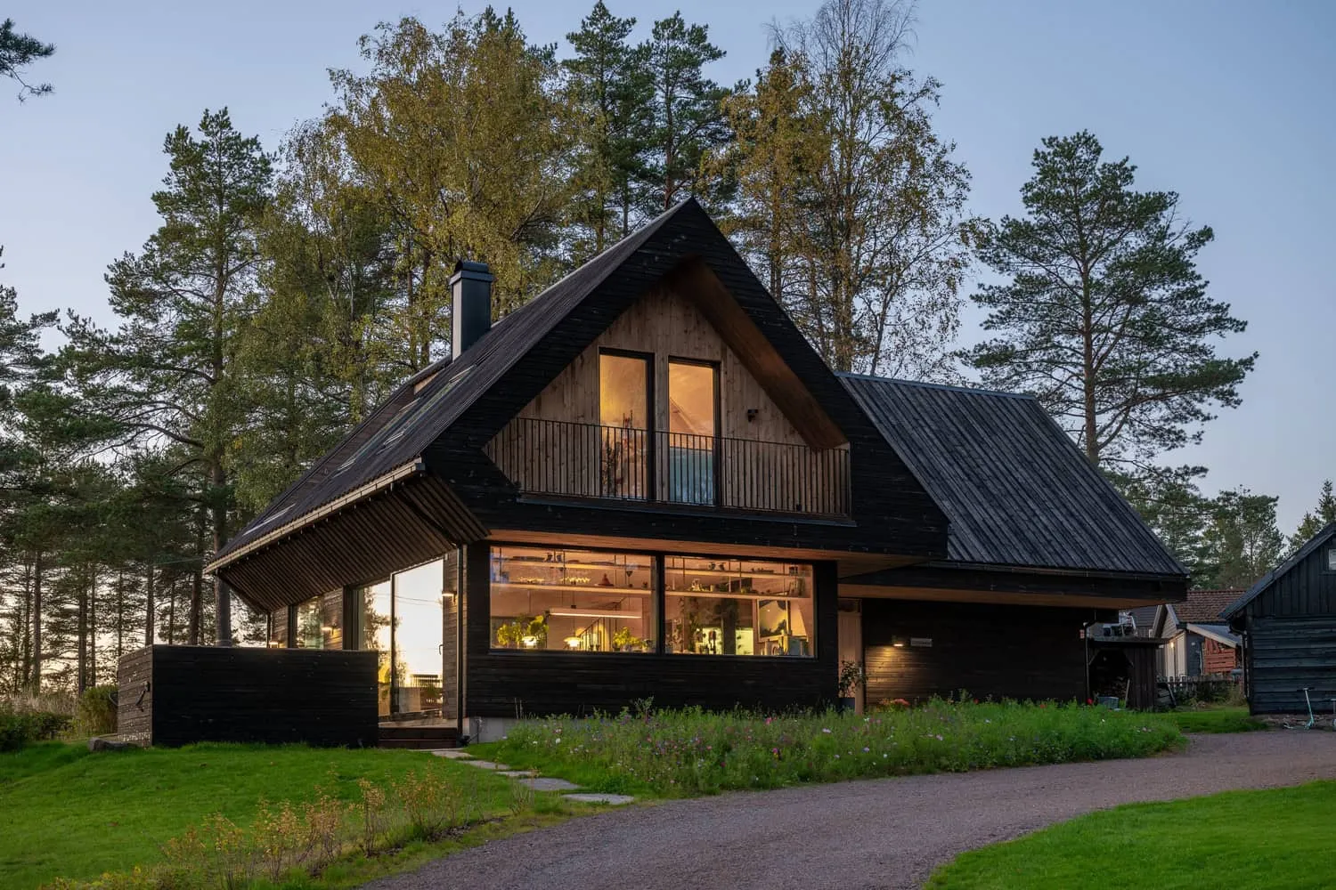 Solem Forest House Driveway Dusk View by MORFEUS arkitekter Solem Forest House by MORFEUS arkitekter, driveway dusk view, Norway