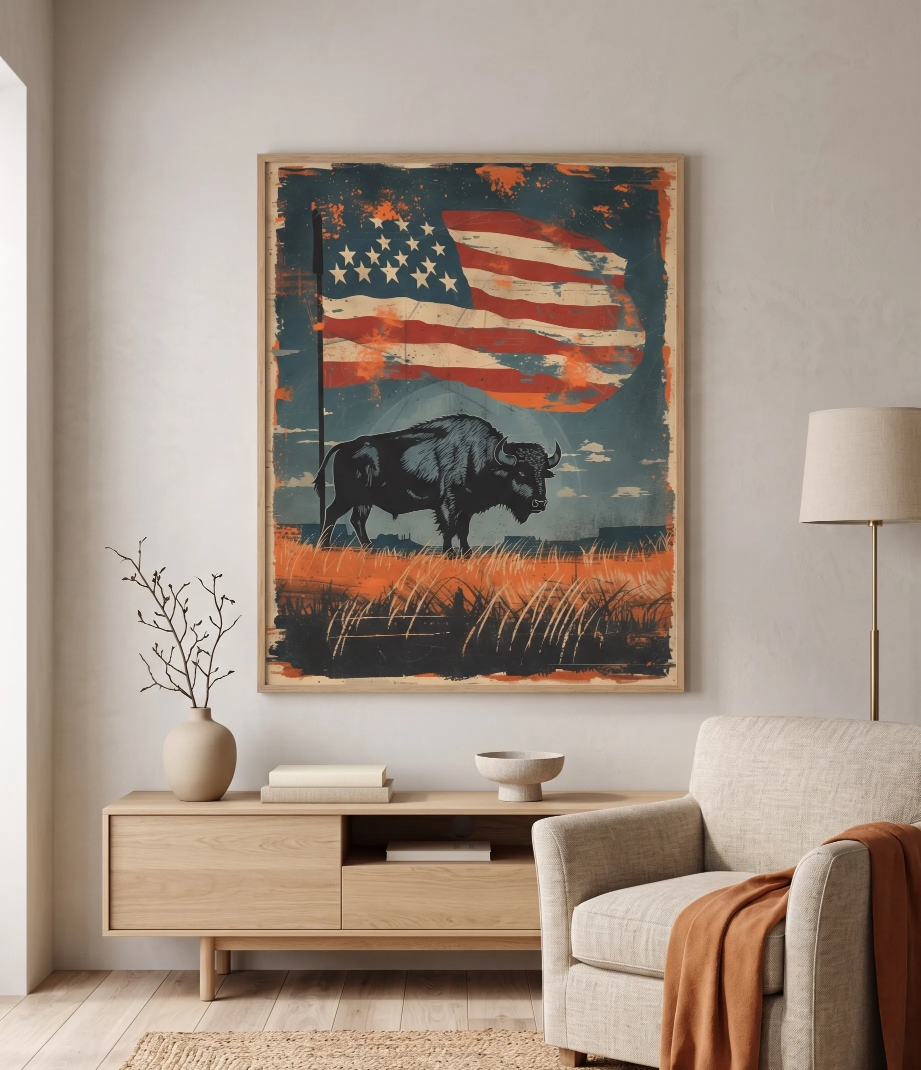 Vintage American Buffalo Flag Wall Art Vintage American Buffalo-Wandkunst mit abgenutzter amerikanischer Flagge in einem rustikalen, neutralen Wohnzimmer