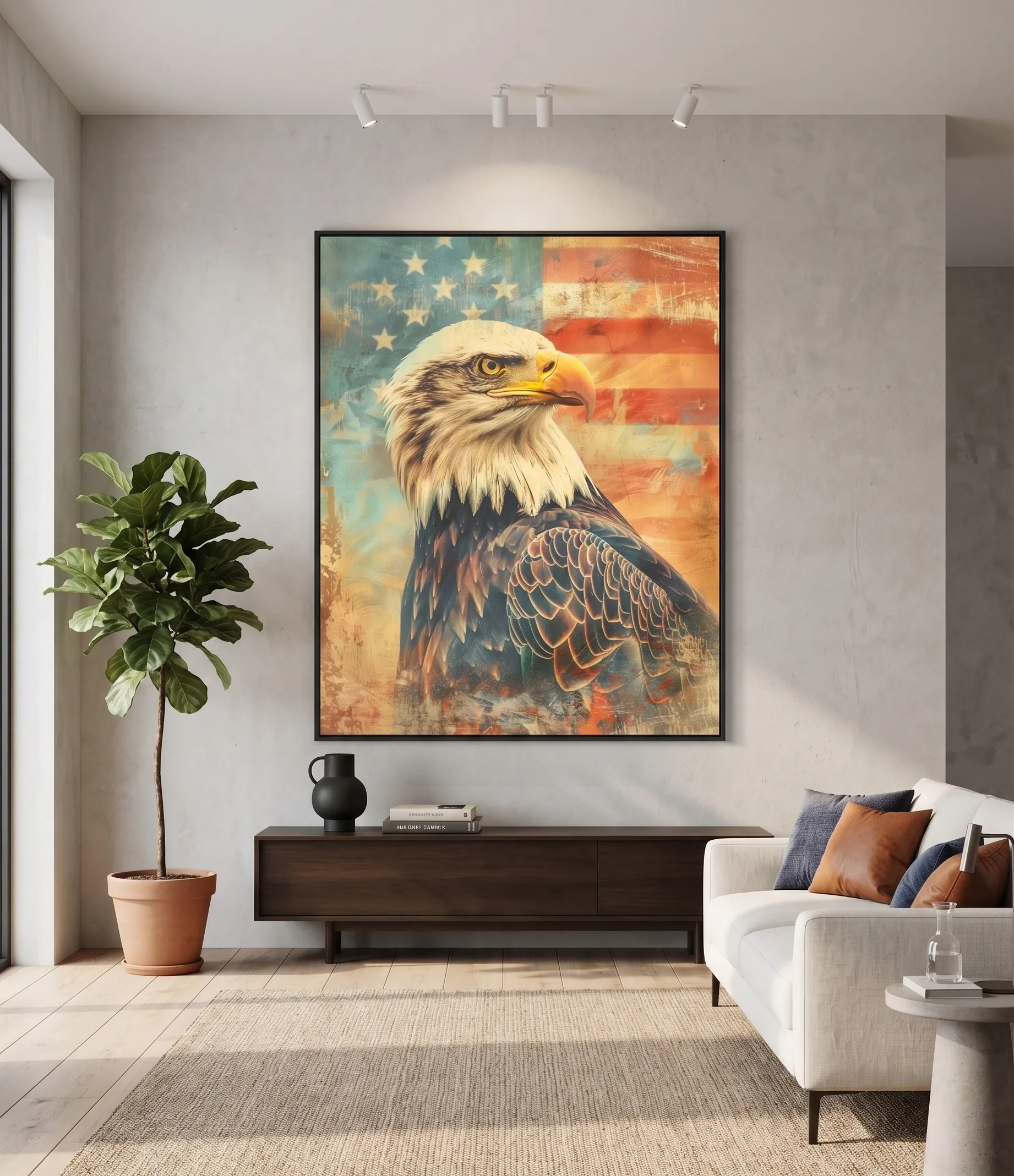 Vintage Bald Eagle American Flag Wall Art Vintage-Wandkunst mit Adler und amerikanischer Flagge in einem modernen, neutralen Wohnzimmer