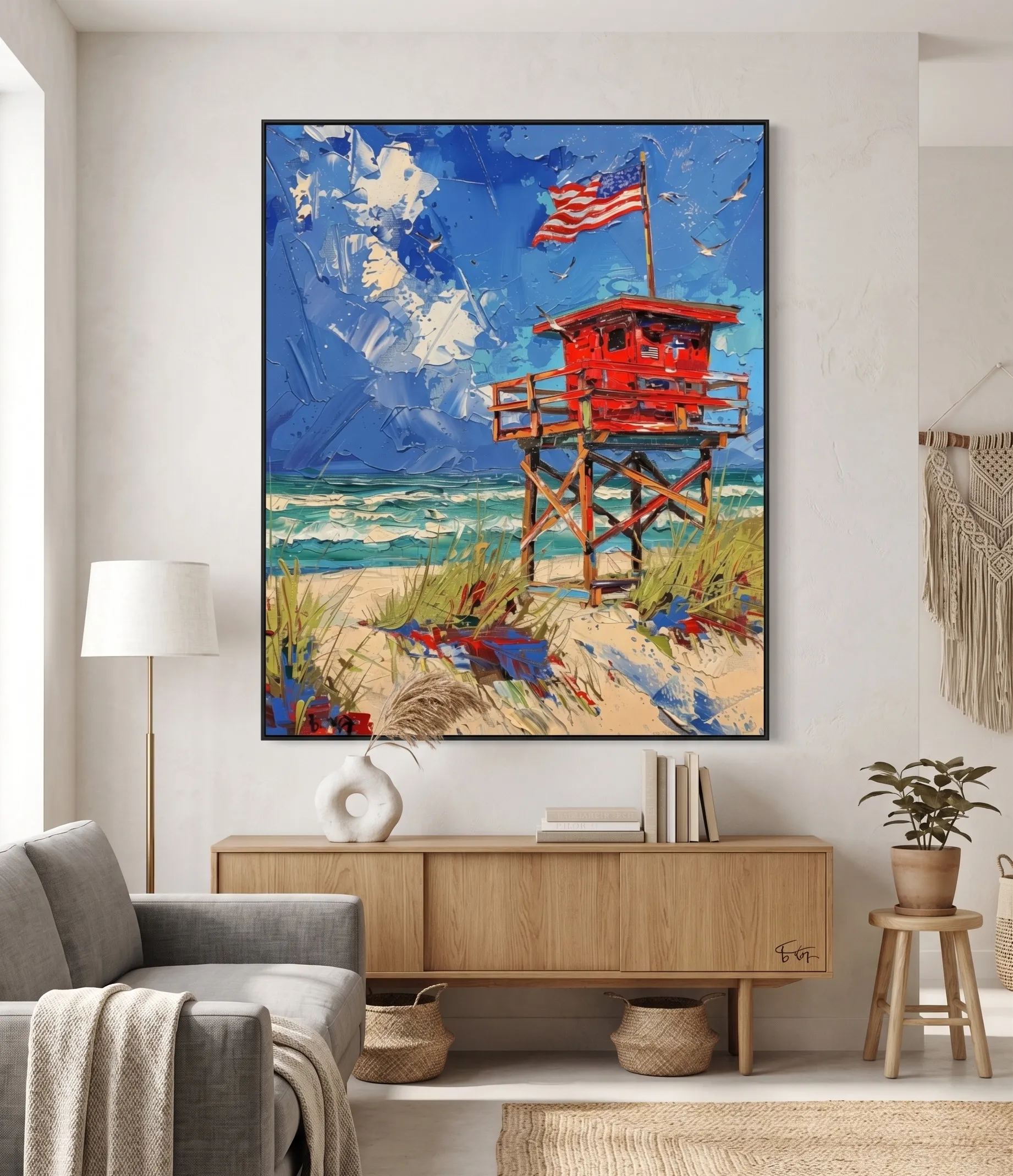 Druck von Kunstwerk mit roter Rettungsturm-Mauer am Meer und amerikanischer Flagge Druck von Kunstwerk mit roter Rettungsturm-Mauer am Meer, amerikanischer Flagge, Sanddünen und lebhafter Meereslandschaft