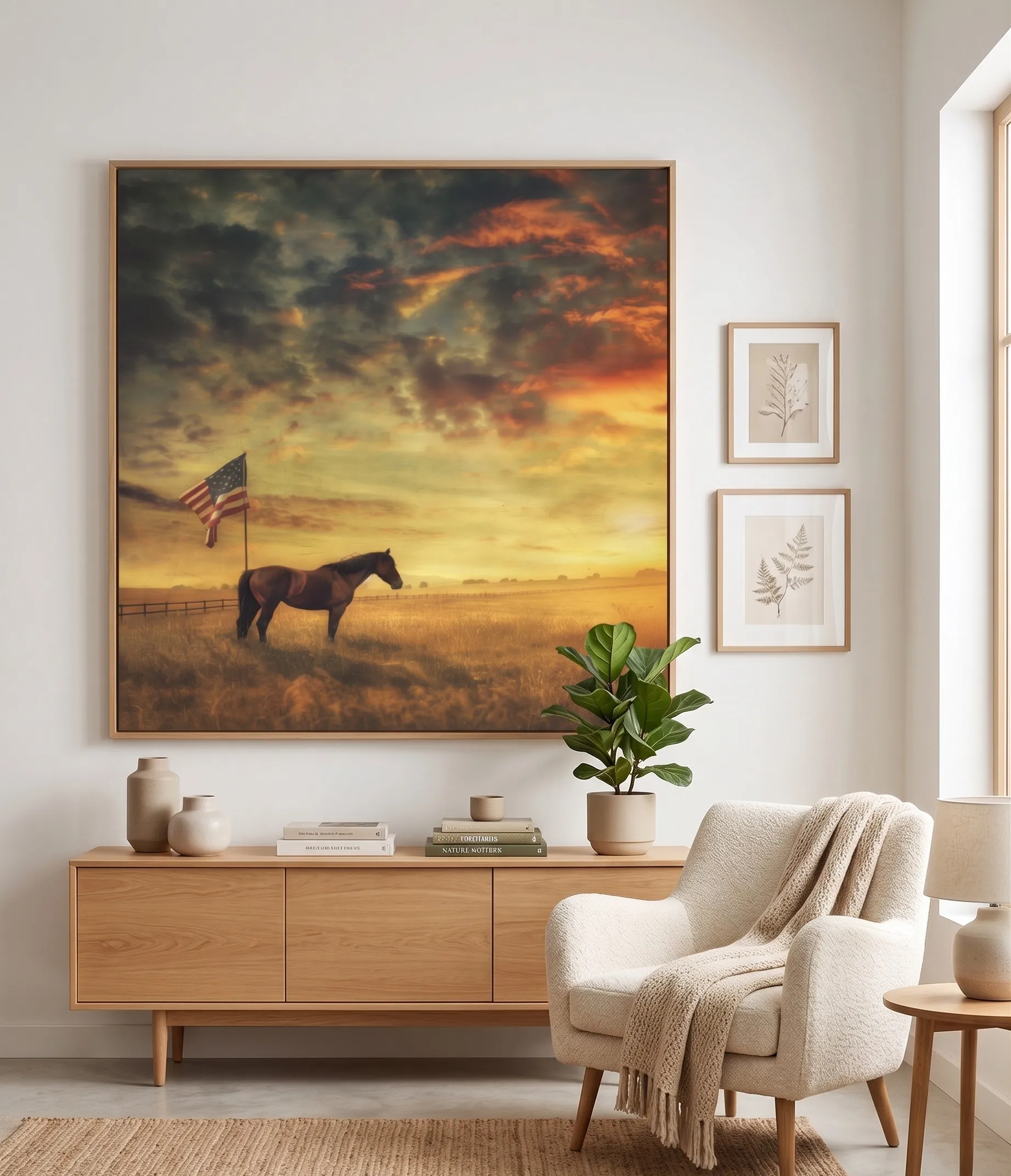Rustikales Pferd-Sonnenuntergang-Wandbild für ländliche Innenräume Rustikales Wandbild mit einem einsamen Pferd, dramatischem goldenem Himmel, amerikanischer Flagge und warmem Stil ländlicher Häuser