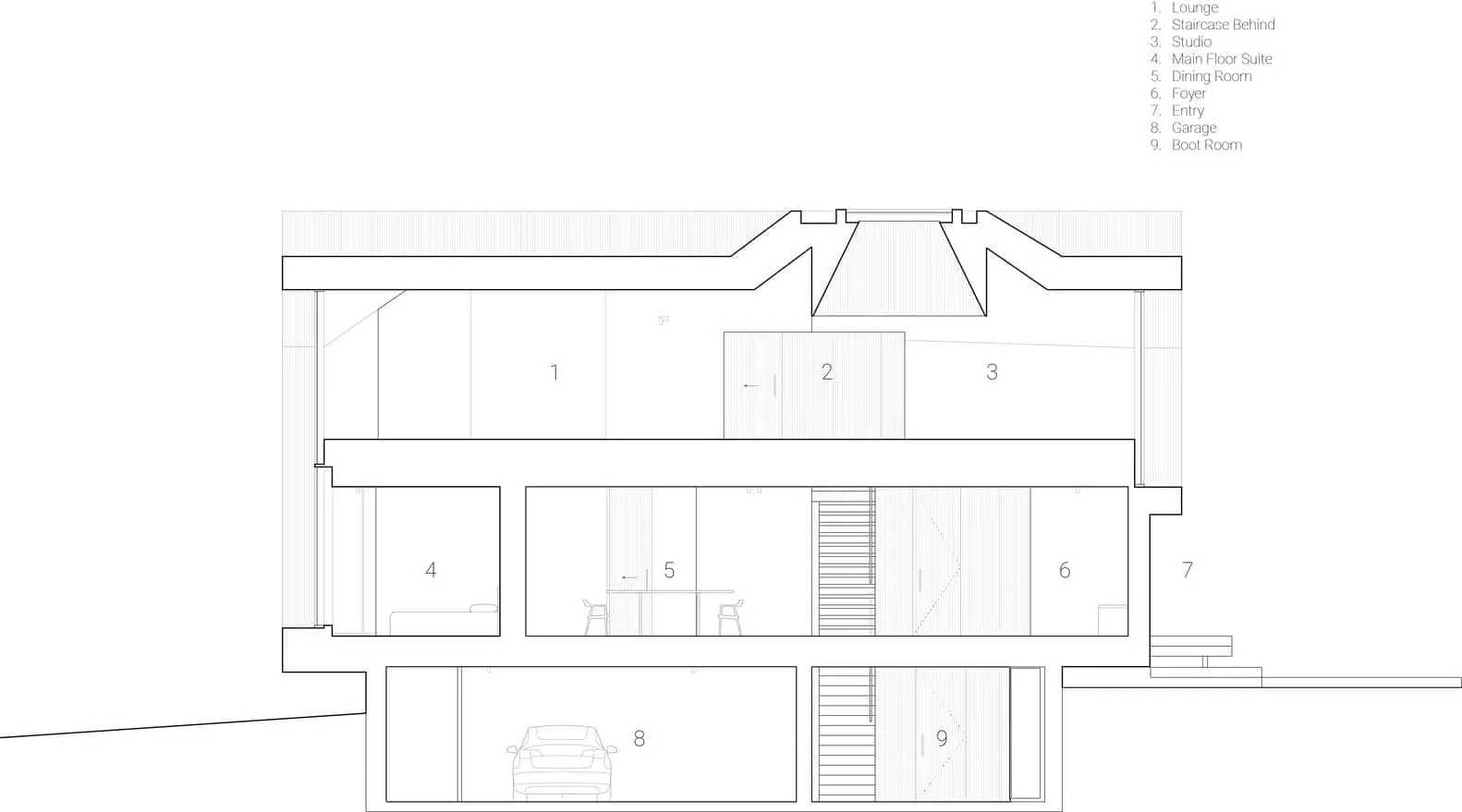 Re-folded House Section Longitudinal by McLeod Bovell Modern Houses Modern architectural house floor plan with multiple levels and spaces including living areas, garage, and staircases, showcasing innovative home design and contemporary architecture art.