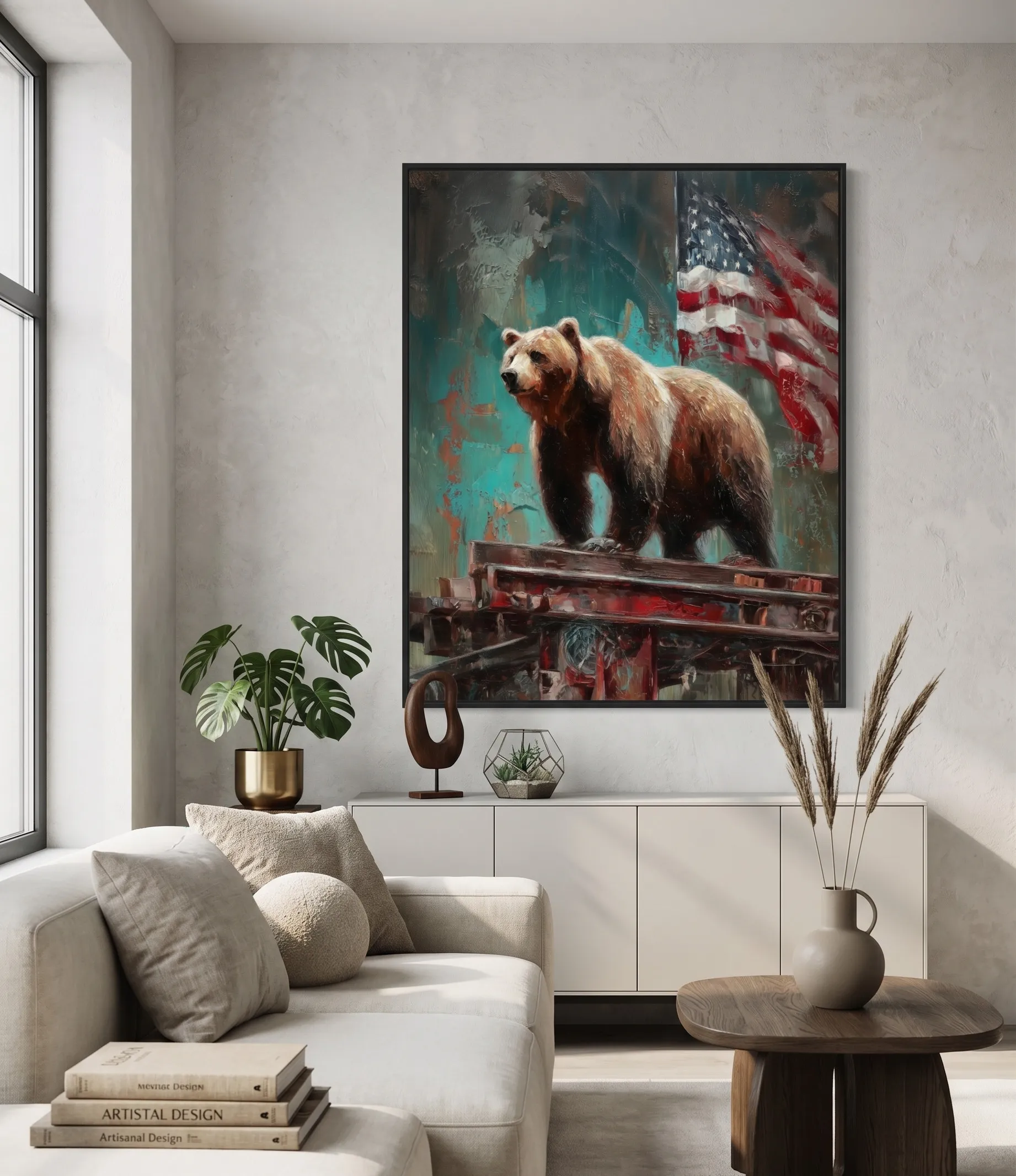 Rustikales Bären-Wandbild mit amerikanischer Flagge im patriotischen Stil Rustikales Bären-Wandbild mit Hintergrund aus amerikanischer Flagge, dargestellt in einem modernen, neutralen Wohnzimmer