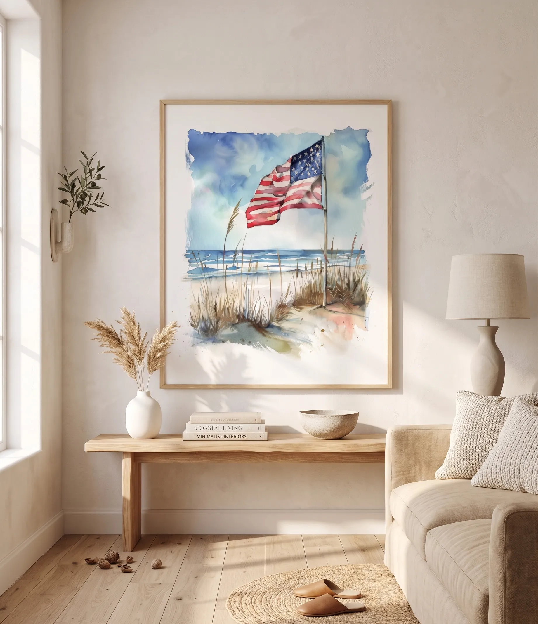 Aquarelldruck mit amerikanischer Flagge für strandnahe, patriotische Dekoration Aquarellwandkunst mit amerikanischer Flagge, Sanddünen, Wellen sowie sanften patriotischen Farben für die Dekoration eines Strandhauses