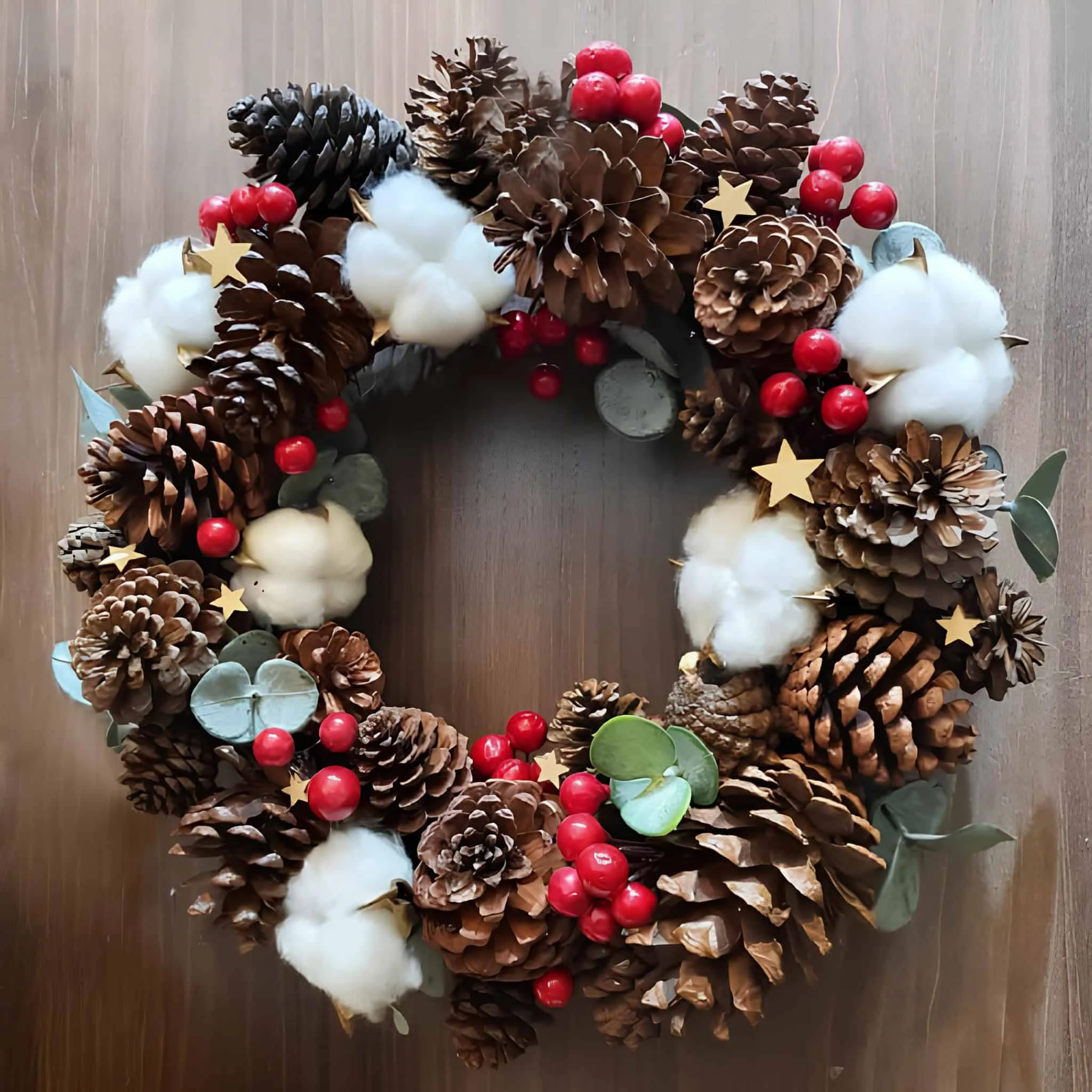 Weihnachtskranz aus Kiefernzapfen und Beeren mit Baumwolle Natürlicher Weihnachtskranz aus Kiefernzapfen mit roten Beeren, Baumwollflocken und Eukalyptus
