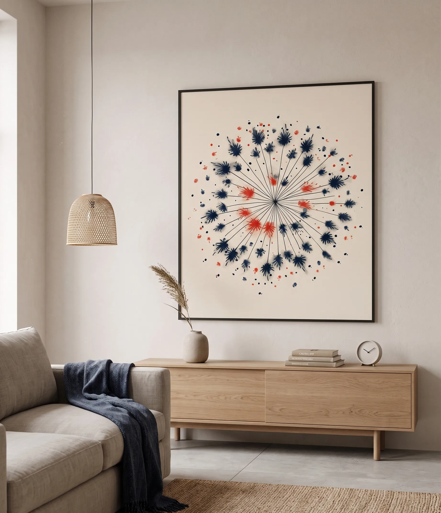 Abstraktes Blumenmuster in Marineblau und Korallenfarbe im modernen Stil Abstraktes Wandbild mit Blumenmotiven in Marineblau und Korallenfarben für ein modernes, minimalistisches Interieur