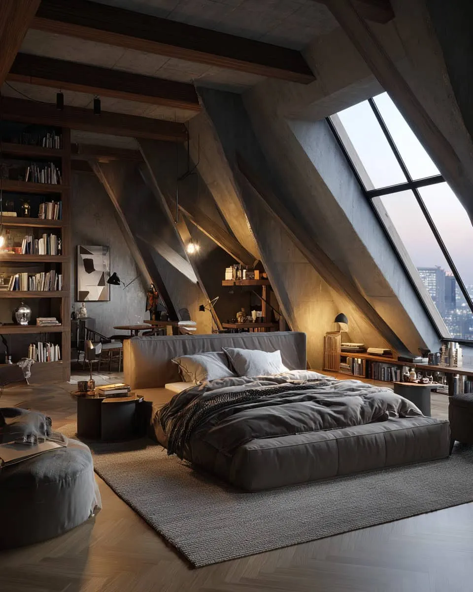 Modernes Dachbodenzimmer mit industriellem Stil und Stadtblick Modernes Dachbodenzimmer mit Stadtblick und industriellem Stil