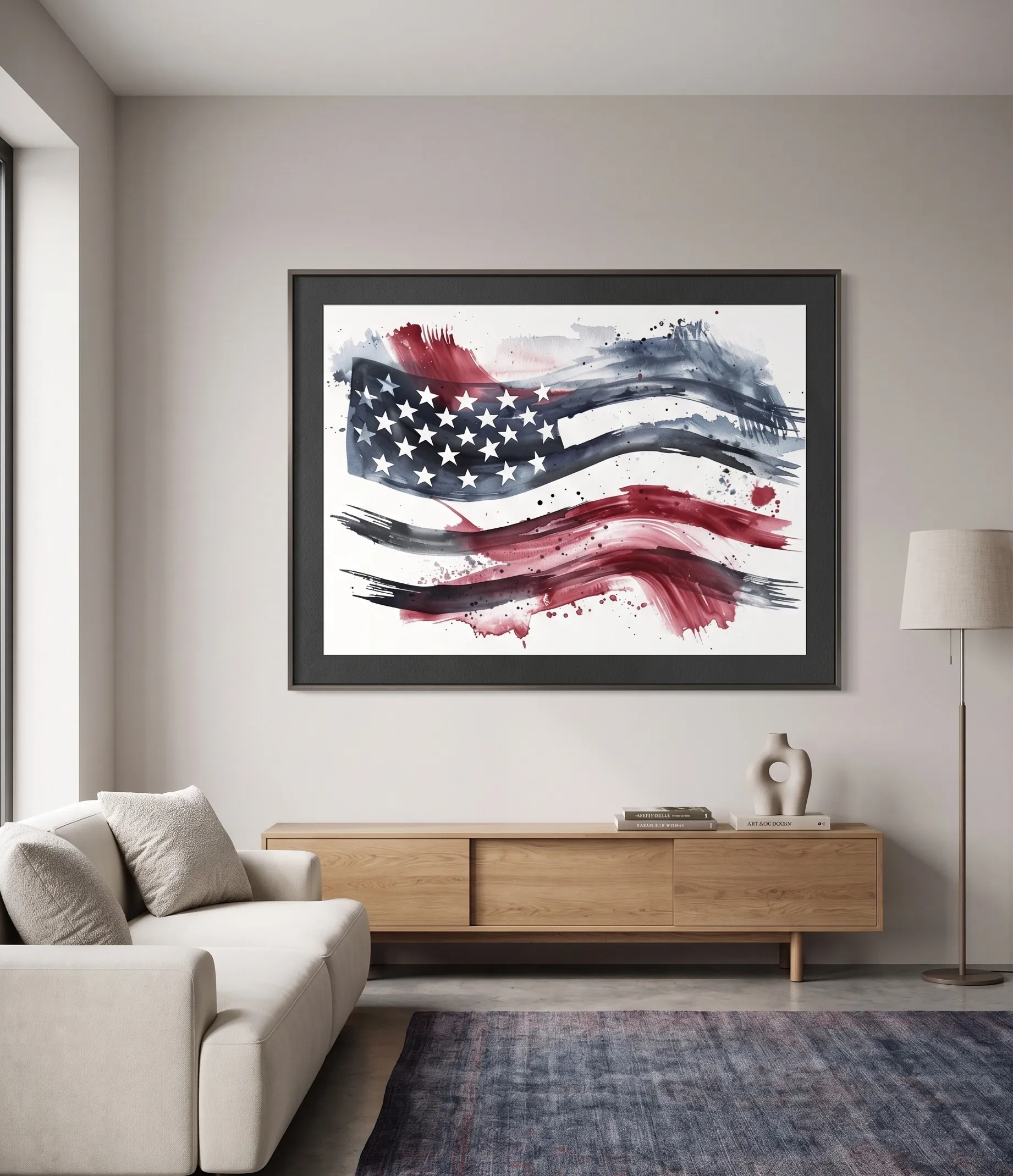Abstrakte Amerikanische Flaggen-Ausdruck in Rot Weiß Blau – moderne Wandkunst Abstrakte Amerikanische Flaggen-Wandkunst in Rot Weiß Blau, ausgestellt in einem modernen minimalistischen Wohnzimmer