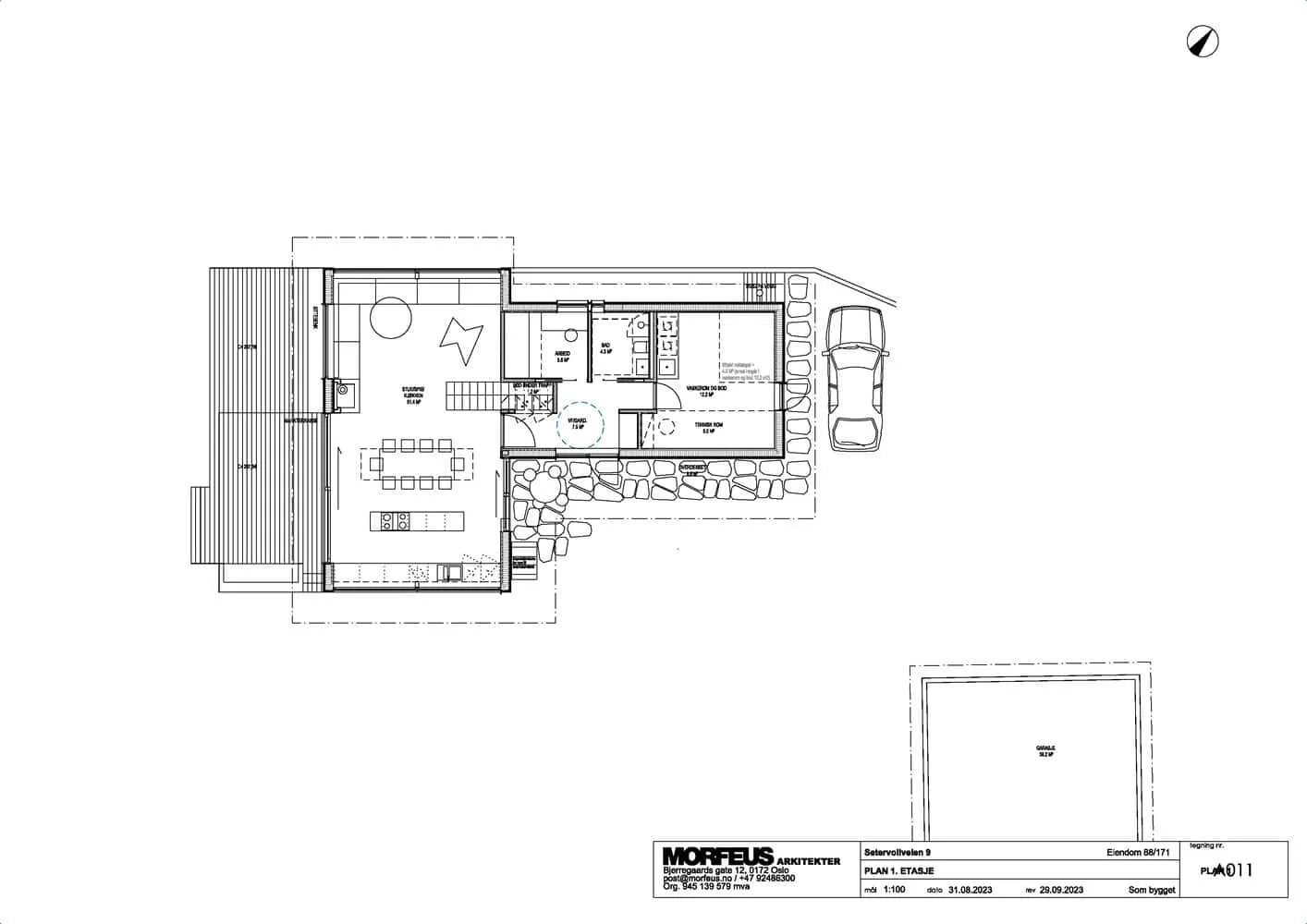 Solem Forest House First Floor Plan – MORFEUS arkitekter Solem Forest House by MORFEUS arkitekter first floor plan with living spaces, kitchen and technical rooms