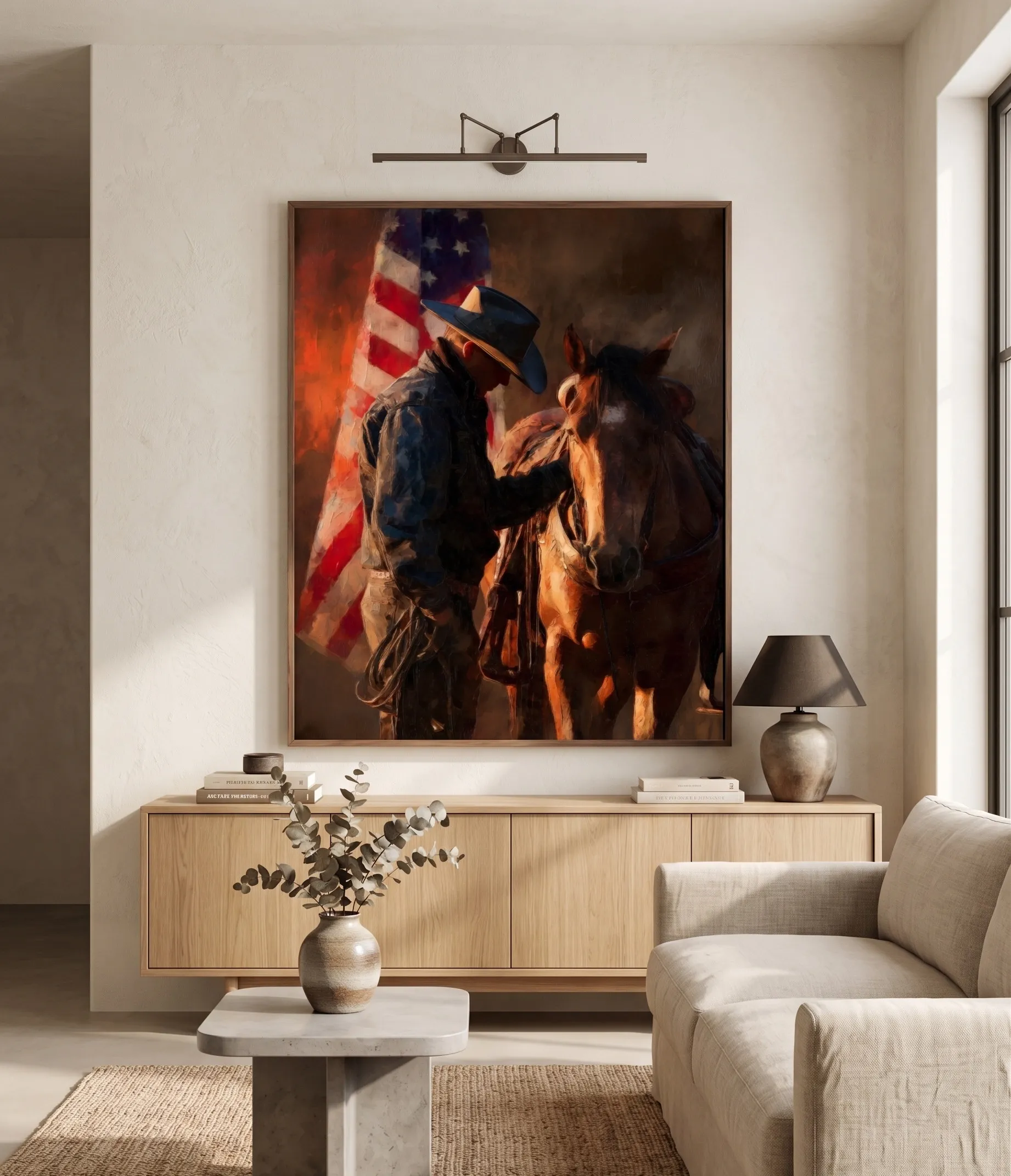 Rustikale Wandkunst mit Cowboy, Pferd und amerikanischer Flagge im Western-Stil Rustikale Wandkunst mit Cowboy und Pferd vor einem Hintergrund aus amerikanischer Flagge in einem warmen, modernen Landhausinneren