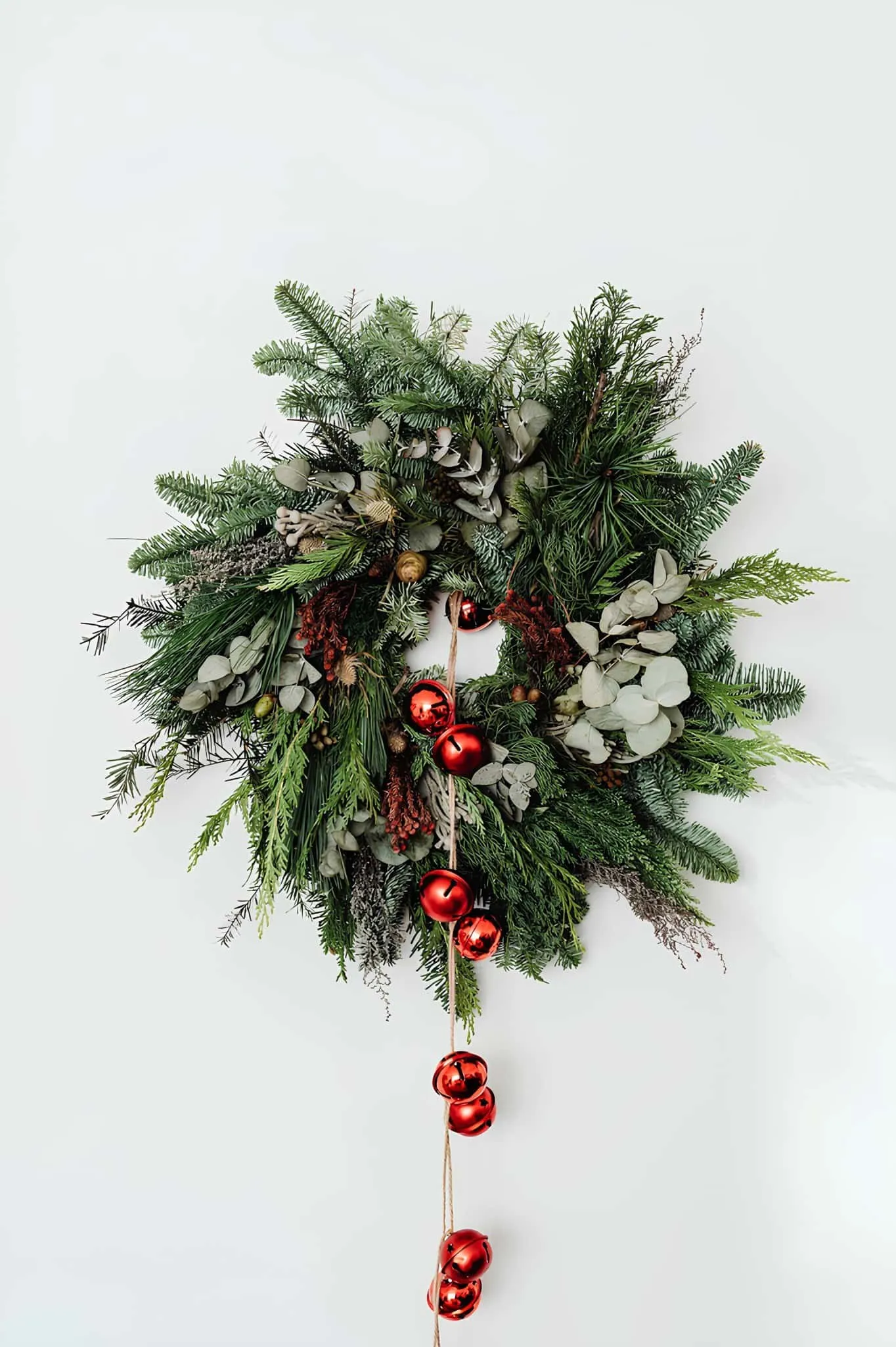 Asymmetrischer Kranz mit Grünpflanzen und Glöckchen Üppiger Weihnachtskranz, verziert mit Kiefern-, Eukalyptuszweigen und roten Verzierungen für die Festdekoration.