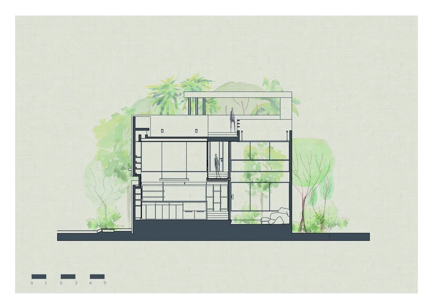 Di Frenna Arquitectos设计的Atelier横截面图 带有绿植、详细内部布局以及可持续设计特点的现代建筑剖面图,展现了建筑艺术与创新的建造技术。