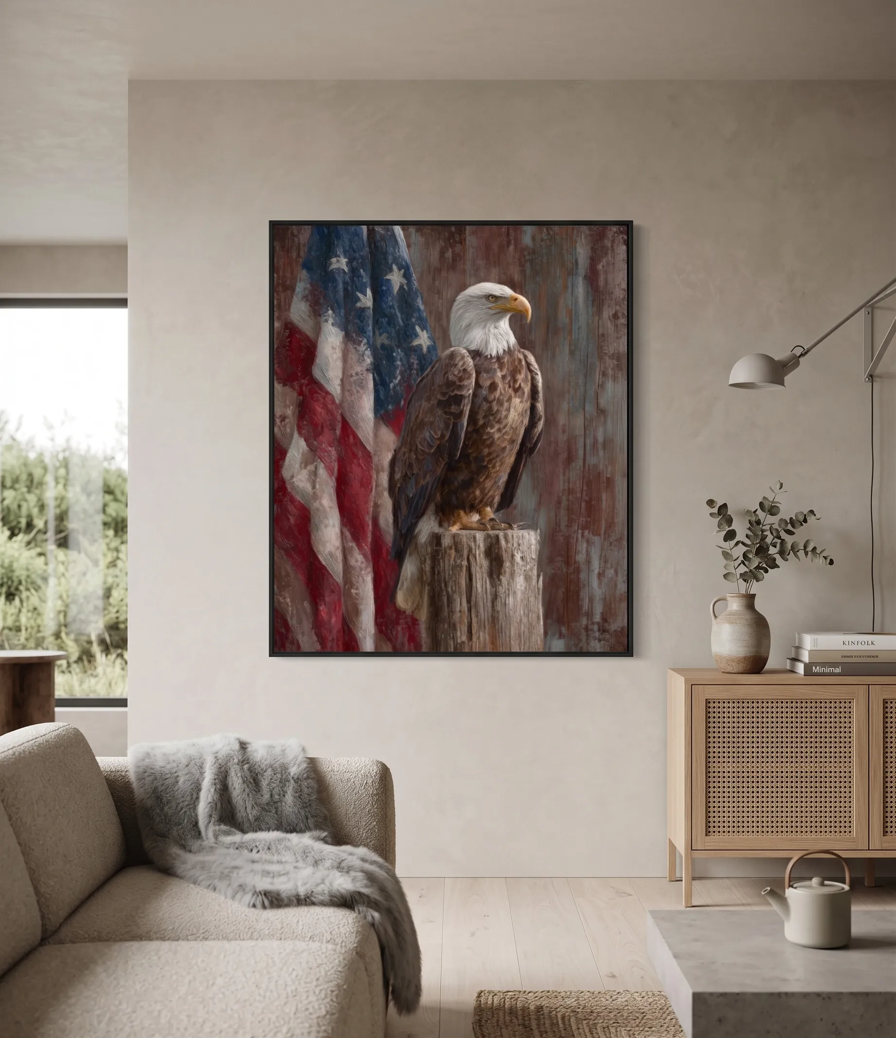 Bald Eagle American Flag Rustic Patriotic Wall Art Realistische Wanddekoration mit Adler und rustikalem Hintergrund sowie altertümischer amerikanischer Flagge in einem warmen, neutralen Wohnzimmer