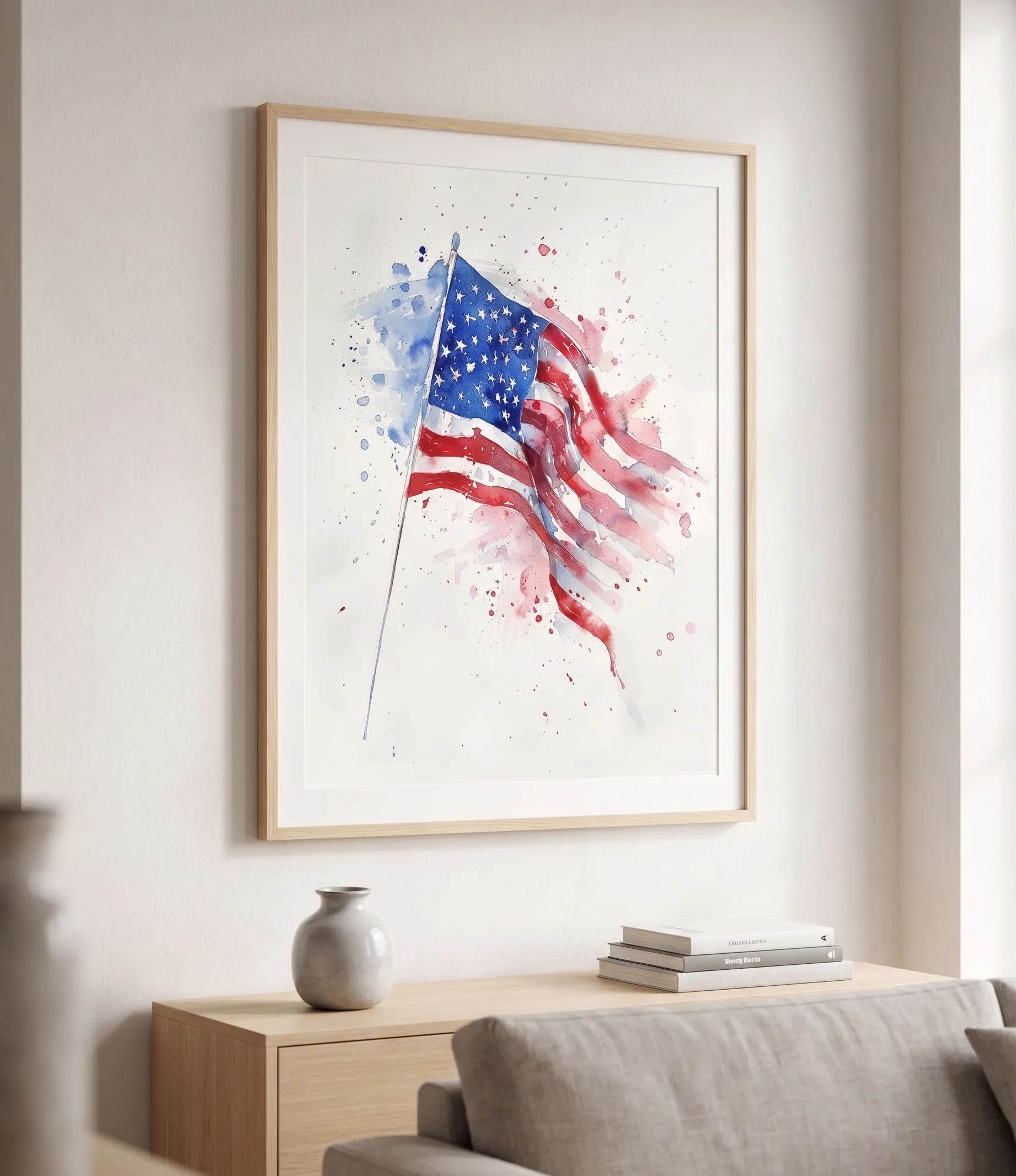 Aquarell-Wandkunst mit der amerikanischen Flagge in Rot, Weiß und Blau Aquarell-Wanddruck der amerikanischen Flagge mit Farbspritzern in Rot, Weiß und Blau in einem minimalistischen, modernen Interieur