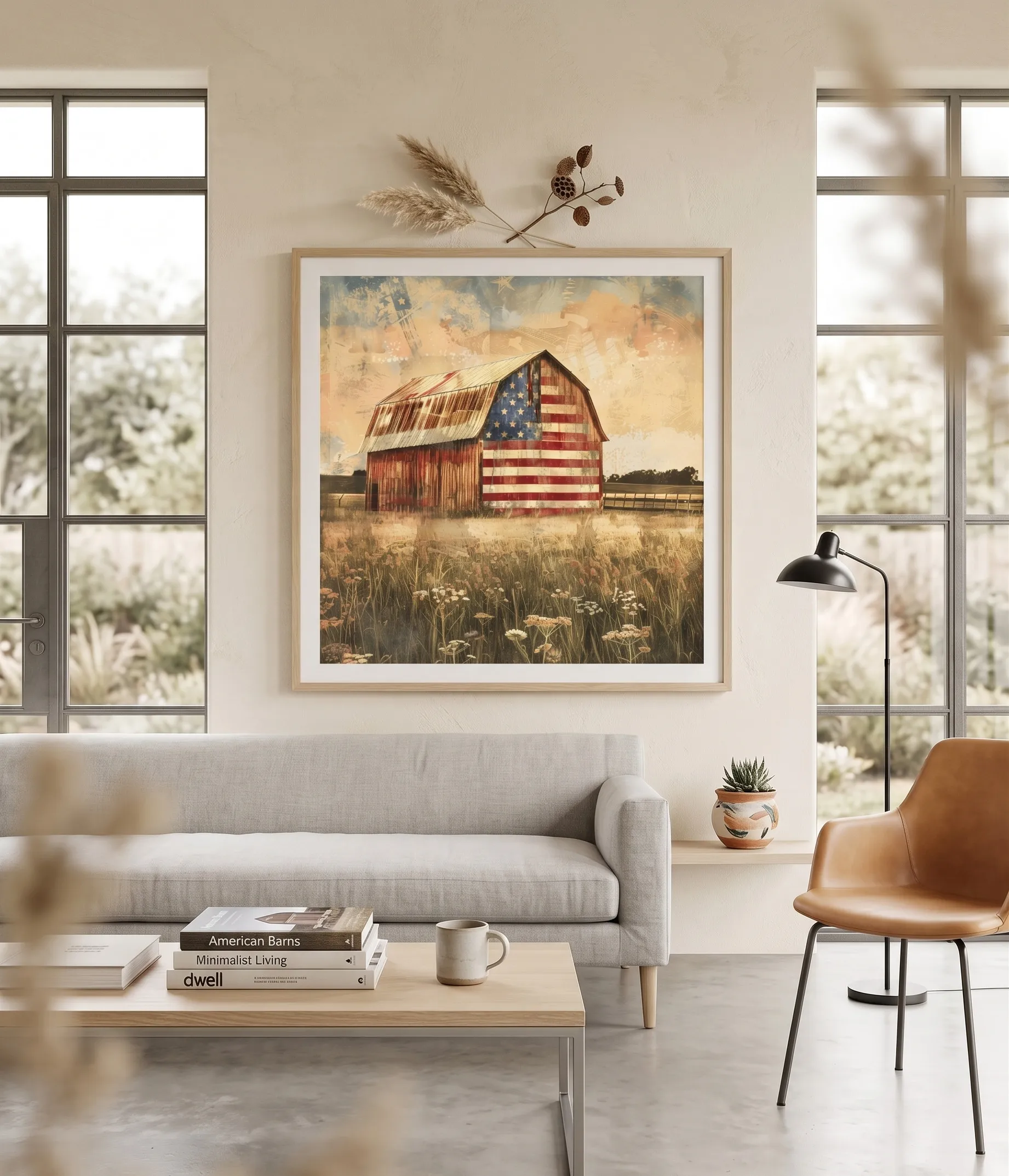 Rustikale Wandkunst mit amerikanischer Flagge für Wohnzimmer im Landhausstil Rustikale Wandkunst mit amerikanischer Flagge in einem gemütlichen Wohnzimmer im Landhausstil mit neutraler Einrichtung