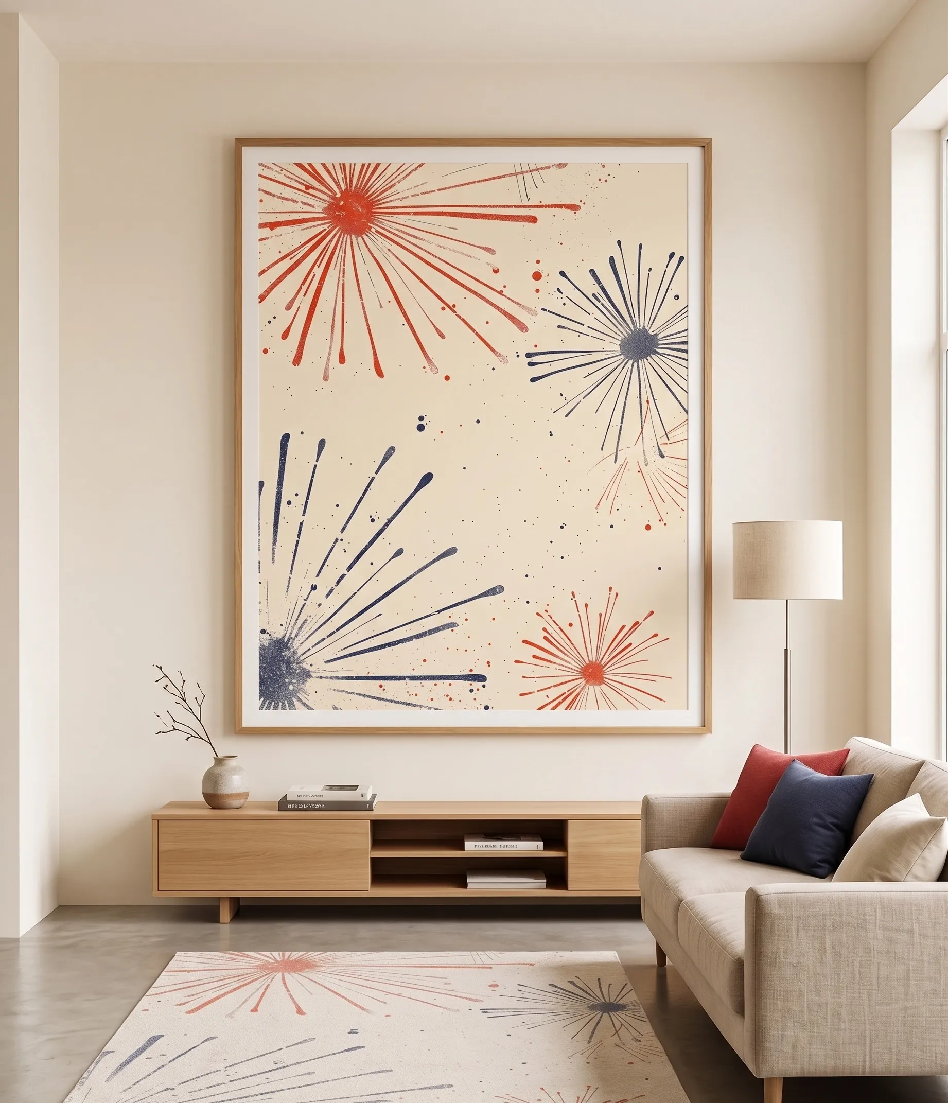 Mid Century Starburst Orange Navy Wall Art Mid century modern starburst wall art in orange and navy tones styled in a minimalist neutral living room