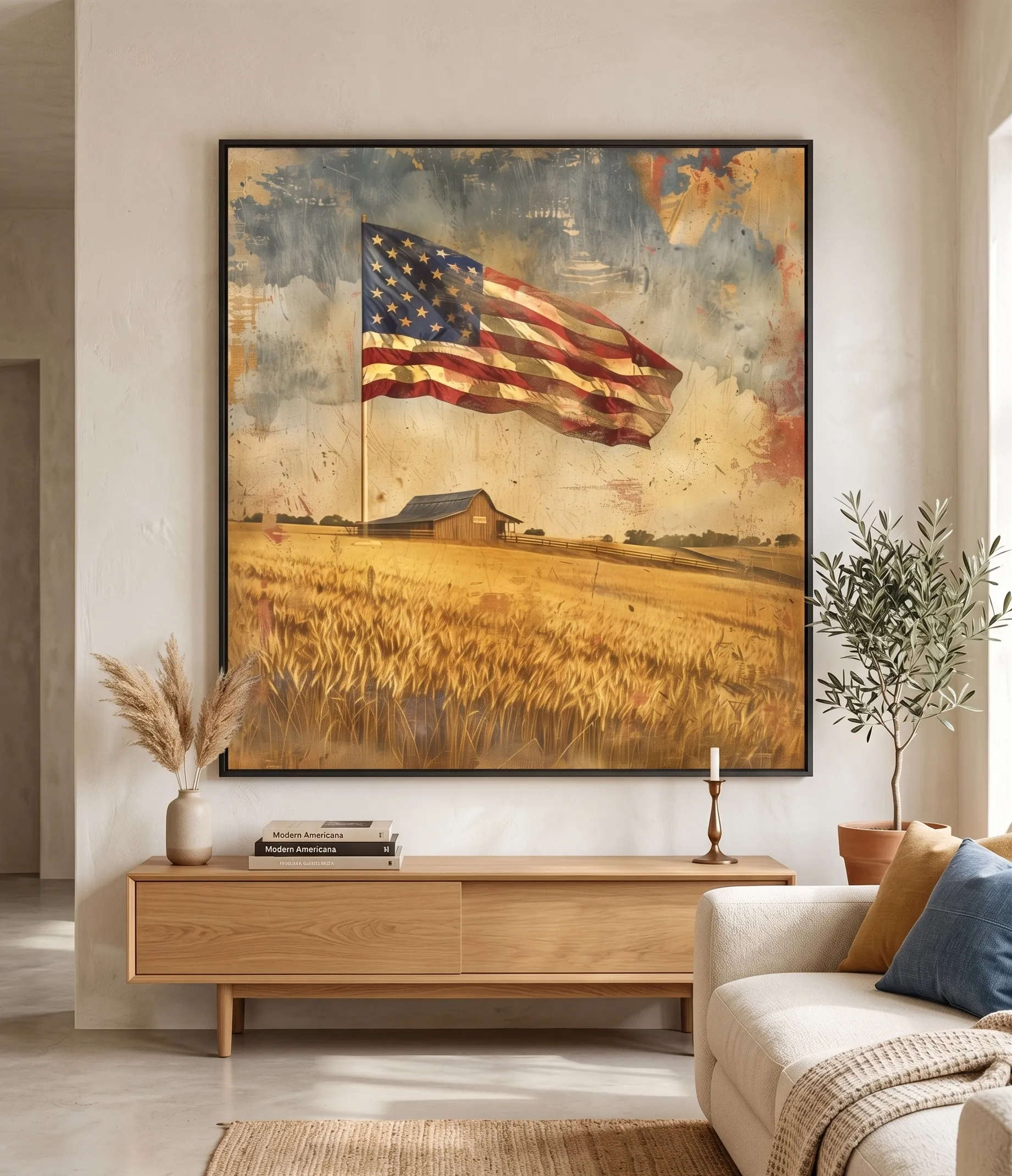 Rustikale Wandkunst mit amerikanischer Flagge im Vintage-Stil für eine Americana-Dekoration Rustikale Wandkunst mit amerikanischer Flagge im Vintage-Stil, die eine patriotische Flagge über einer Landschaft mit goldenen Weizenfeldern zeigt