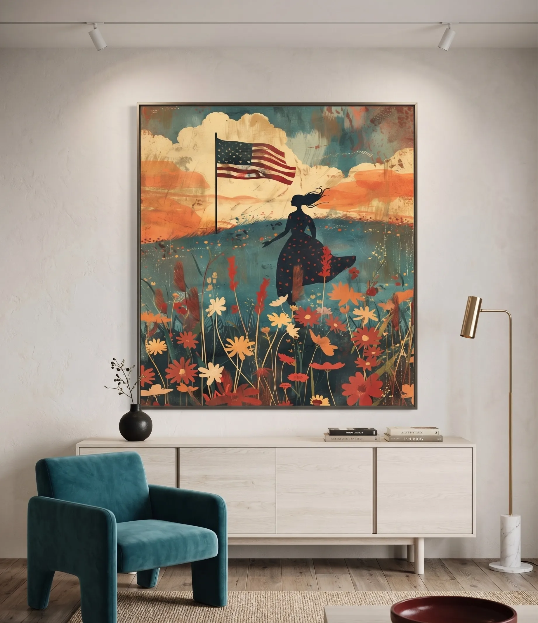 Wandkunst mit Silhouette einer patriotischen Frau, amerikanischer Flagge und blumigem Landschaftsbild Wandkunst mit Silhouette einer patriotischen Frau, darin eine amerikanische Flagge, Wildblumen sowie ein abstraktes Landschaftsbild in warmen, vintage-inspirierten Farben