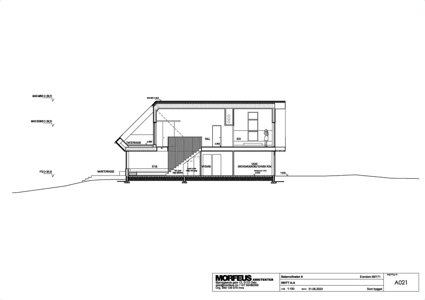 Solem Forest House Section A – MORFEUS arkitekter Solem Forest House by MORFEUS arkitekter longitudinal section showing interior levels and roof structure