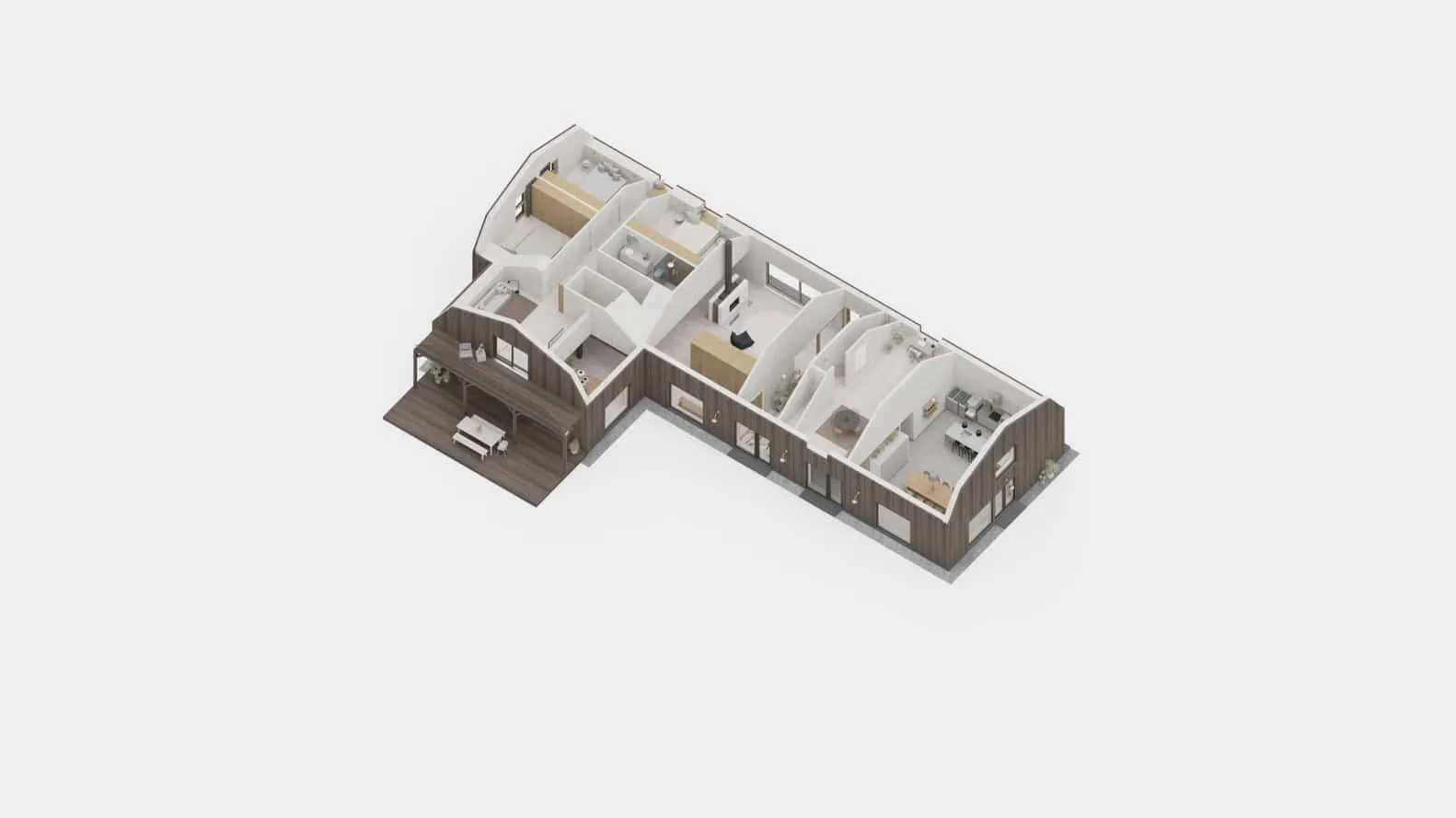 Axonometrische Ansicht der Maison Melba 02 von Atelier L’Abri Zeitgenössischer Hausgrundriss mit modernen Innenarchitekturelementen und geräumigen Wohnbereichen.