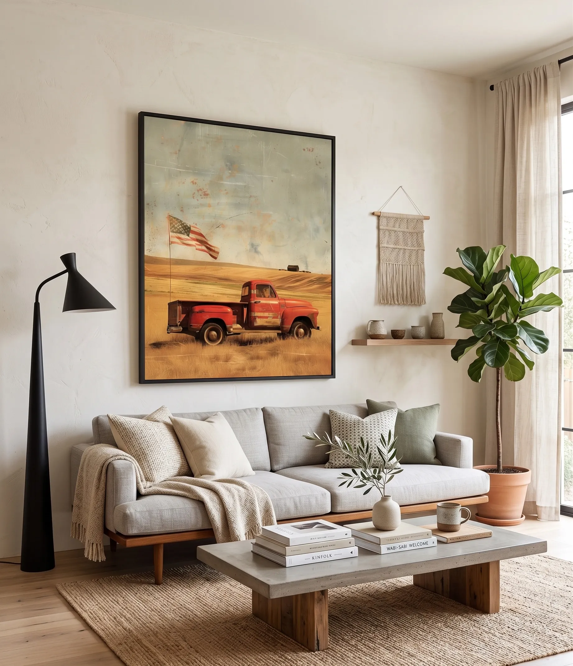 Vintage-Rot-Pickup-Lkw-Wandkunst mit amerikanischer Flagge in einer rustikalen Landhauslandschaft für die Dekoration des Wohnzimmers Wandkunst mit einem vintageroten Pickup-Lkw und amerikanischer Flagge in einer rustikalen Landhauslandschaft zur Dekoration des Wohnzimmers