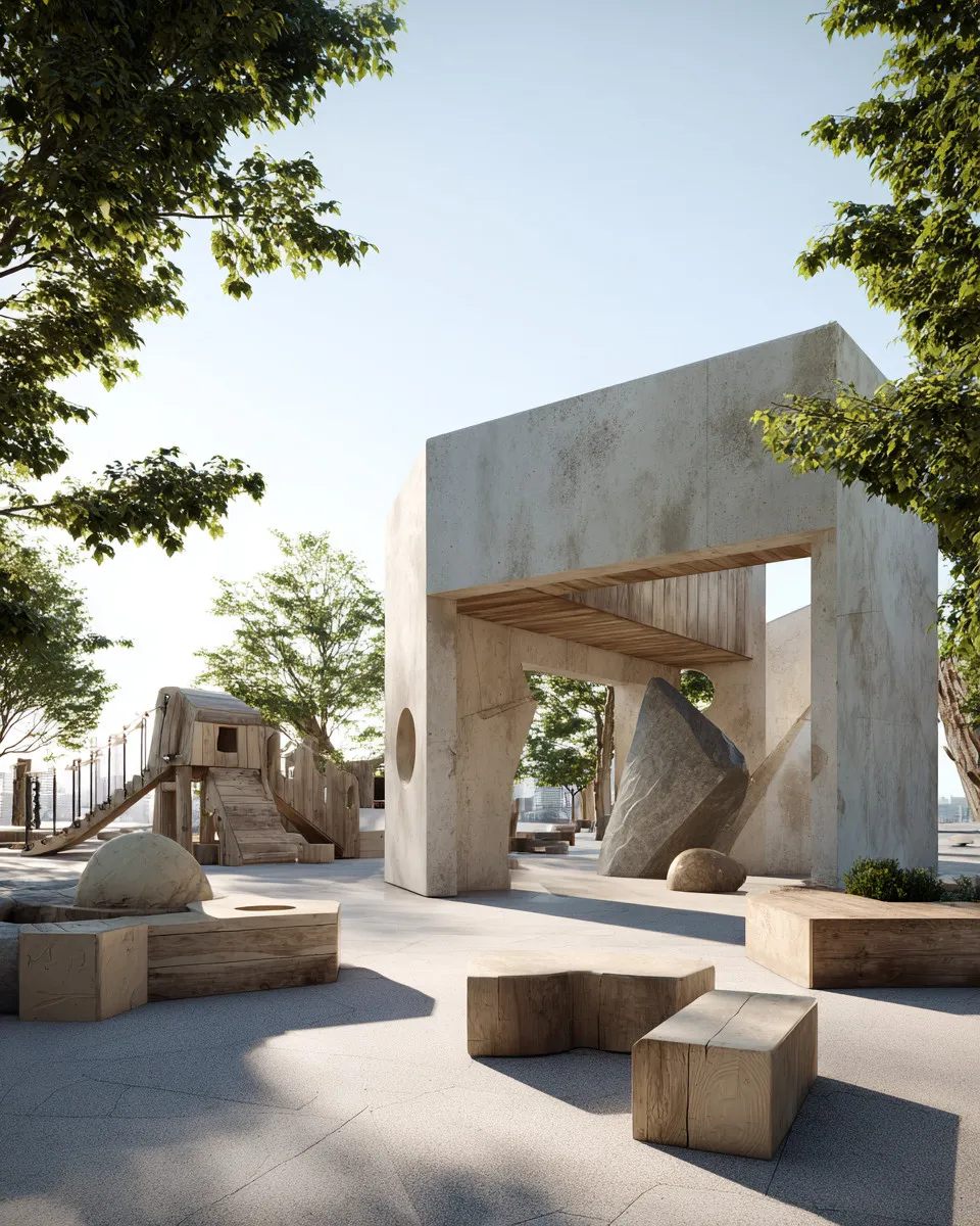 Estructuras de parques infantiles de madera con toboganes, túneles y casas de juego en áreas de juego al aire libre para niños, diseño natural y rústico, arquitectura del paisaje, diseño de juguetes, espacios de juego modernos y ecológicos.