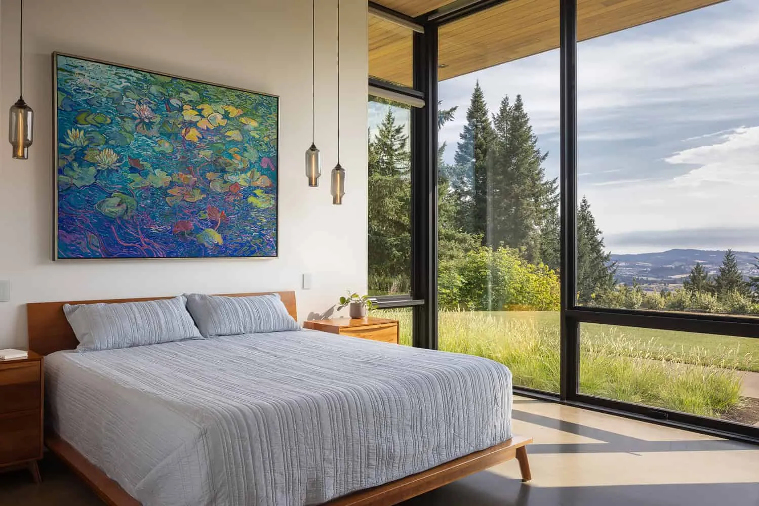 Schlafzimmer in der Evening Sky Residence mit Ausblick von Scott I Edwards Architecture Evening Sky Residence von Scott I Edwards Architecture, Schlafzimmer mit Landschaftsblick in McMinnville, Oregon, USA
