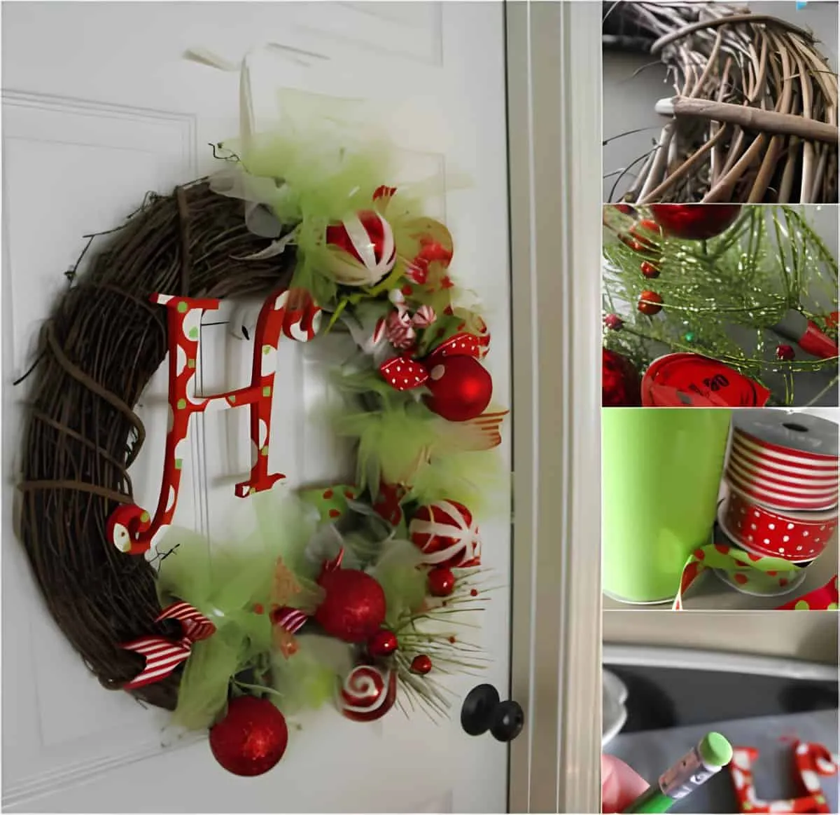 Festliches Monogramm-Weihnachtskranz Weihnachtskranz mit roten Verzierungen, Grünpflanzen, Bändern und dem Monogramm-Buchstaben H