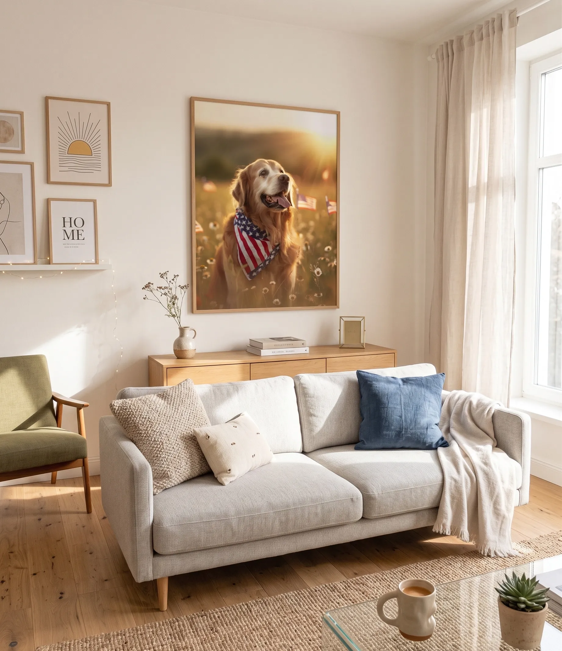 Druck der patriotischen Wandkunst mit Golden Retriever bei Sonnenuntergang Druck der patriotischen Wandkunst mit Golden Retriever, zeigt einen glücklichen Hund mit Amerikanisch-Flaggen-Tuch auf einem warmen Sonnenuntergangs-Hintergrund