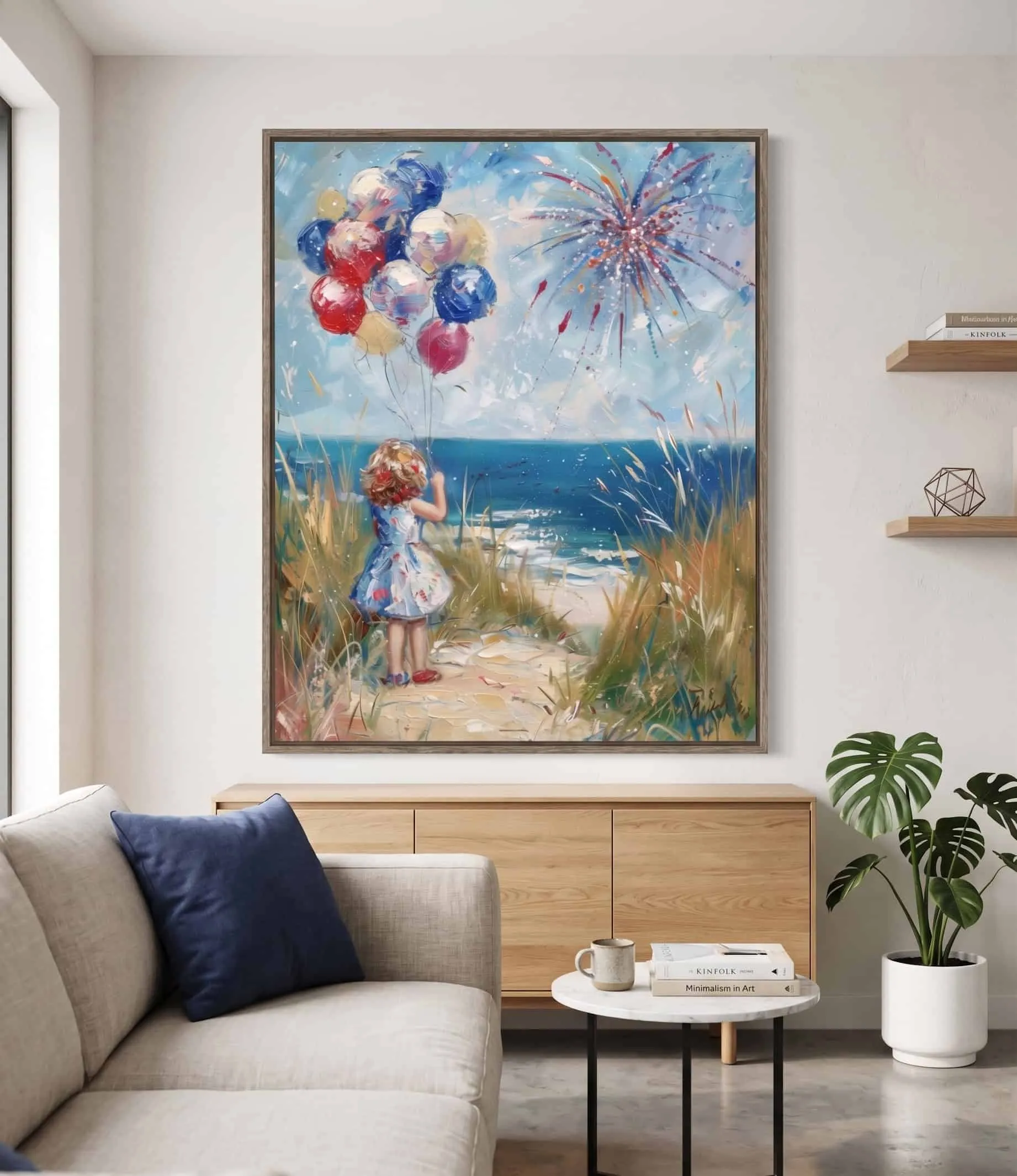 Beach Celebration Patriotic Balloon Fireworks Wall Art Print Wandkunstdruck zur Strandfeier mit einem Kind, patriotischen Ballons und Feuerwerk am Meer