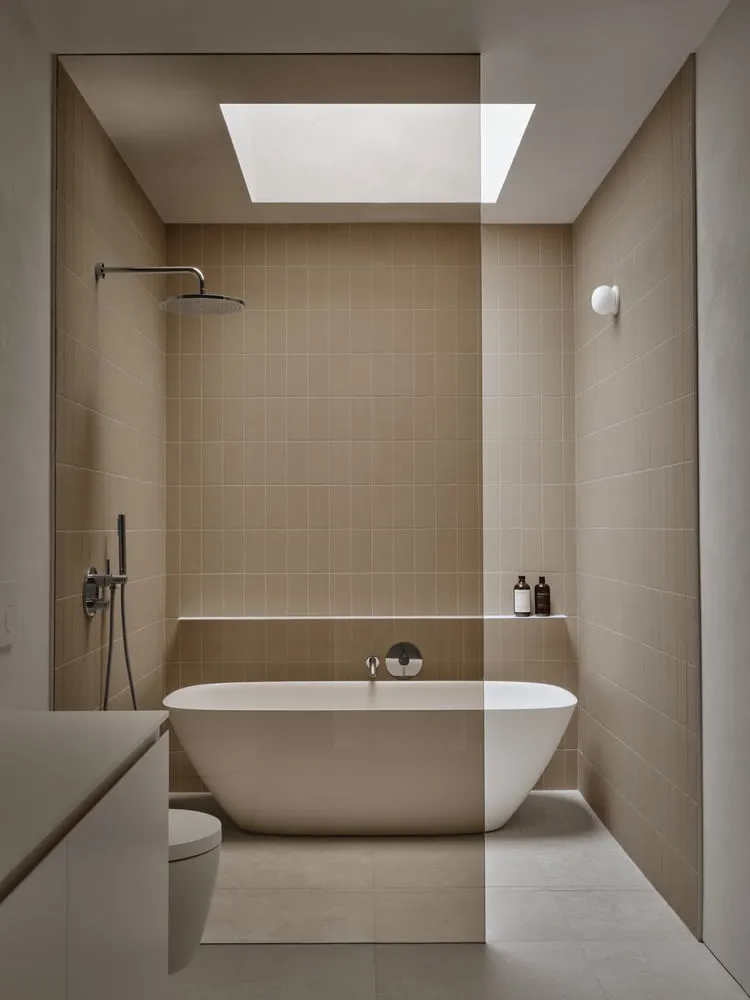 Badezimmer Maison Melba mit freistehender Badewanne, Dusche und Lichtschacht von Atelier L’Abri Badezimmer Maison Melba von Atelier L’Abri in Frelighsburg, Quebec mit freistehender Badewanne, Dusche und Lichtschacht