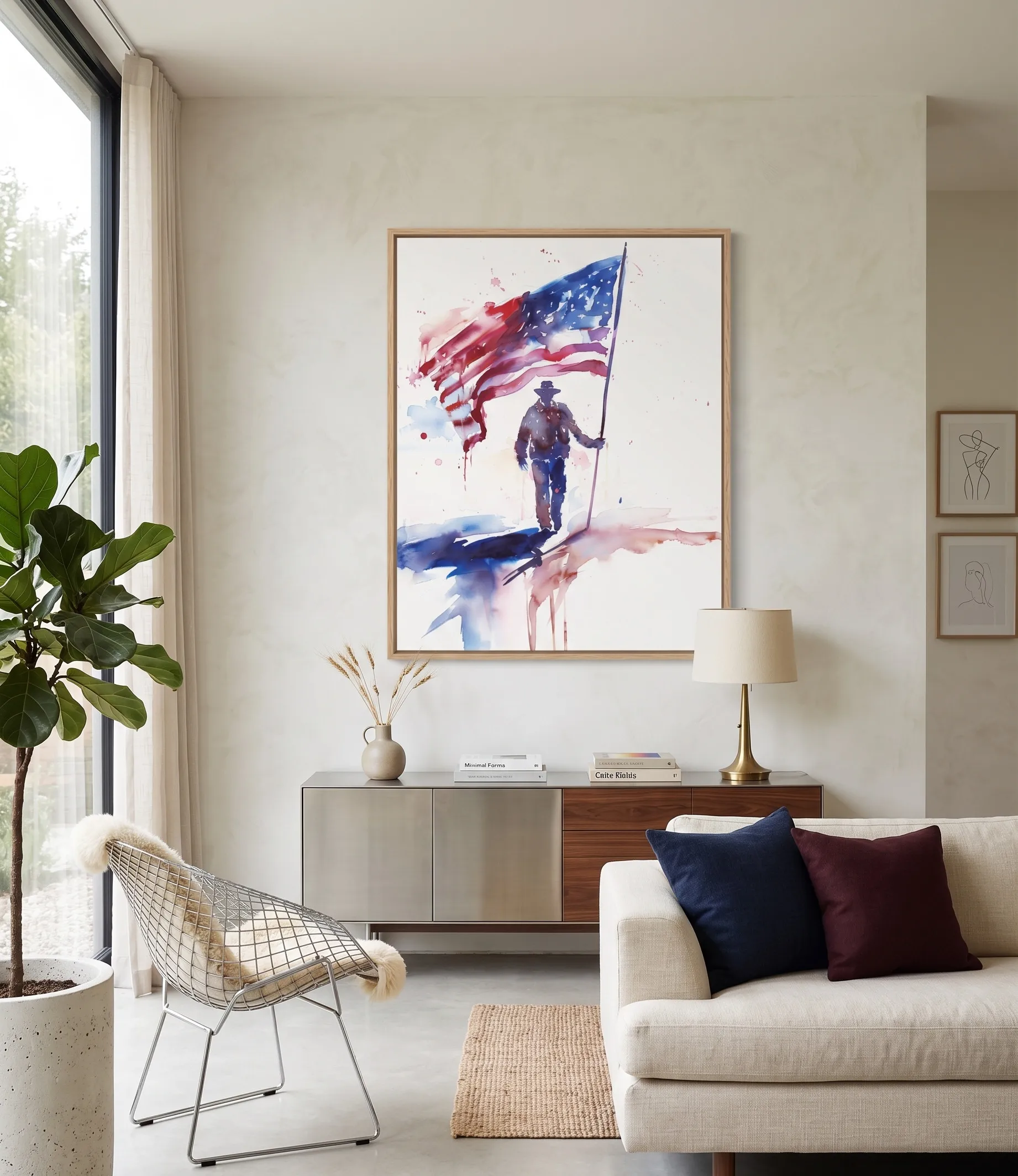 Patriotische Silhouetten-Aquarelldruck mit Wandkunst der amerikanischen Flagge Patriotische Silhouetten-Aquarellwandkunst mit einer Figur, die eine amerikanische Flagge in ausdrucksstarken Rot-, Weiß- und Blautönen hält