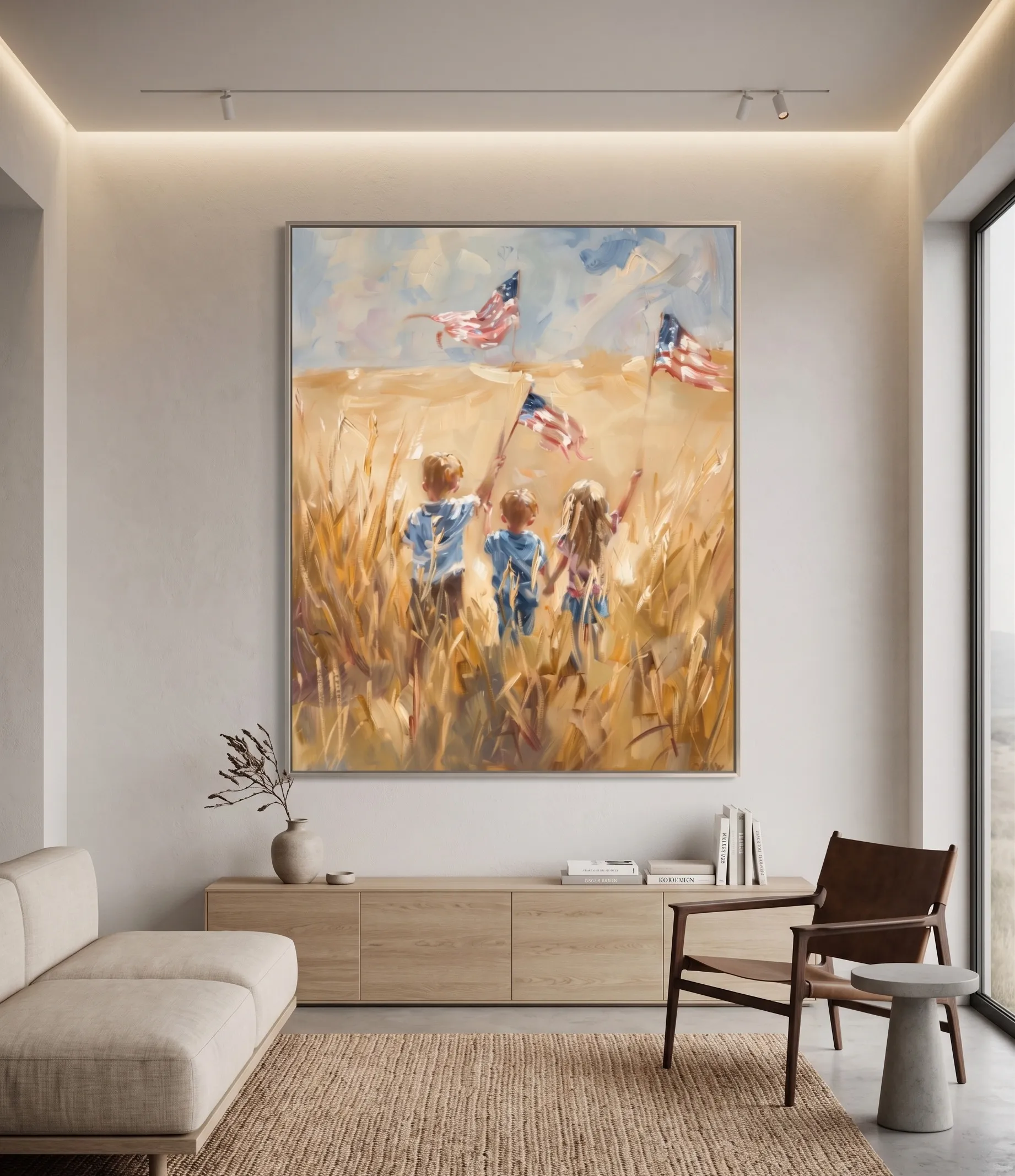 Patriotische Kinder-Impressionismus-Wandkunst mit amerikanischen Flaggen auf einem goldenen Hintergrund Patriotische Kinder-Impressionismus-Wandkunst mit Kindern, die amerikanische Flaggen in einem goldenen Feld halten