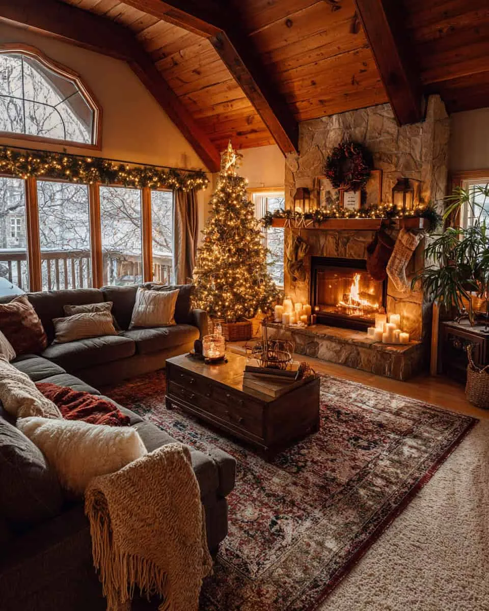 Gemütliches Weihnachtsdekor in einer Hütten-Wohnung mit Kamin Cozy cabin living room decorated for Christmas with wood beams, lit tree, and glowing fireplace