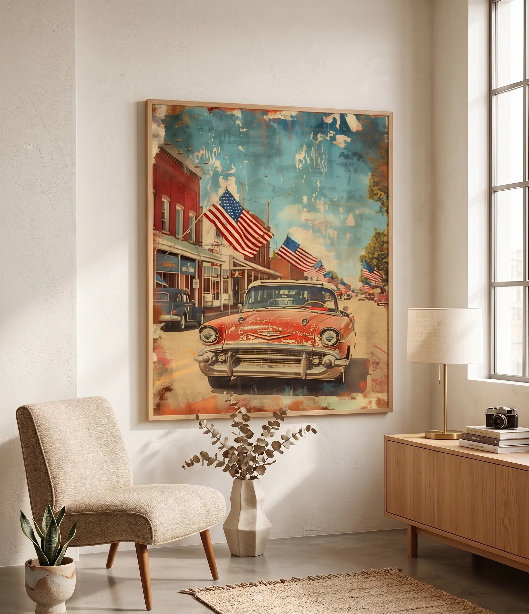 Vintage-Rot-Klassisches-Auto-Americana-Wandkunst für patriotische Innenräume Druck der Vintage-Rot-Klassischen-Auto-Americana-Wandkunst mit patriotischen Flaggen auf einer nostalgischen Straße in einer Kleinstadt