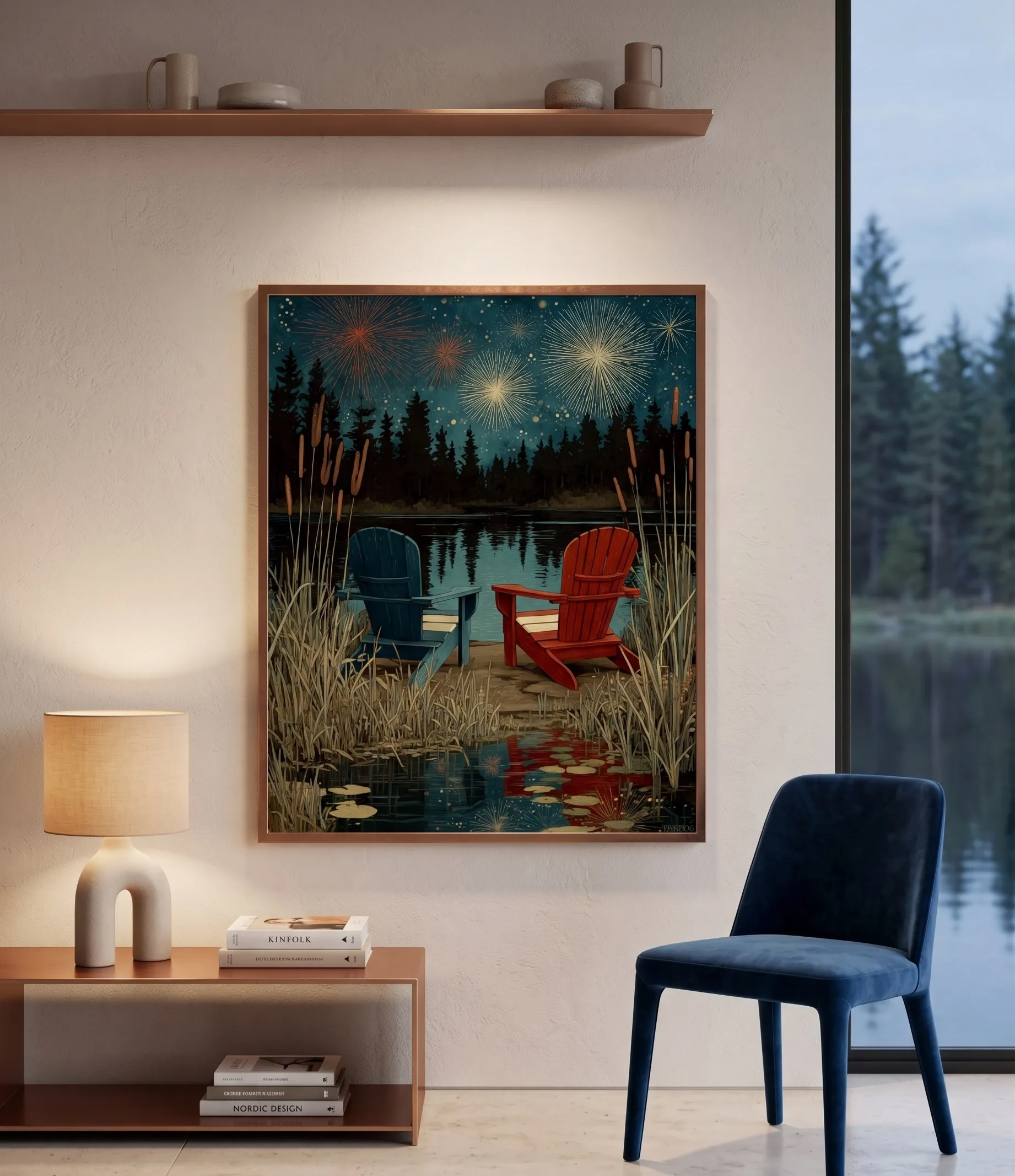 Rustikales Wandbild eines Seehauses mit Feuerwerk Rustikales Wandbild eines Seehauses mit Adirondack-Stühlen am See sowie Feuerwerk in der Nacht