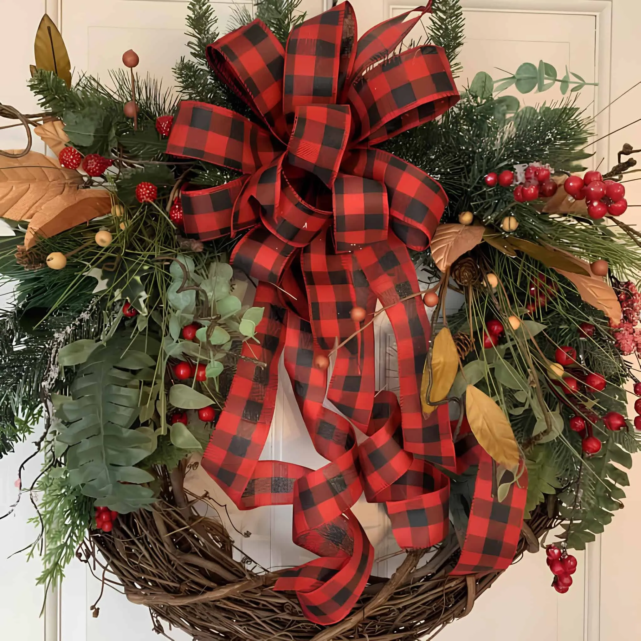 Buffalo-Plaid-Bow- und Ewiggrün-Waldweihnachtskranz Auffälliger Waldkranz in Form einer Rebenranke mit großem Buffalo-Plaid-Bow, roten Beeren und Magnolienblättern