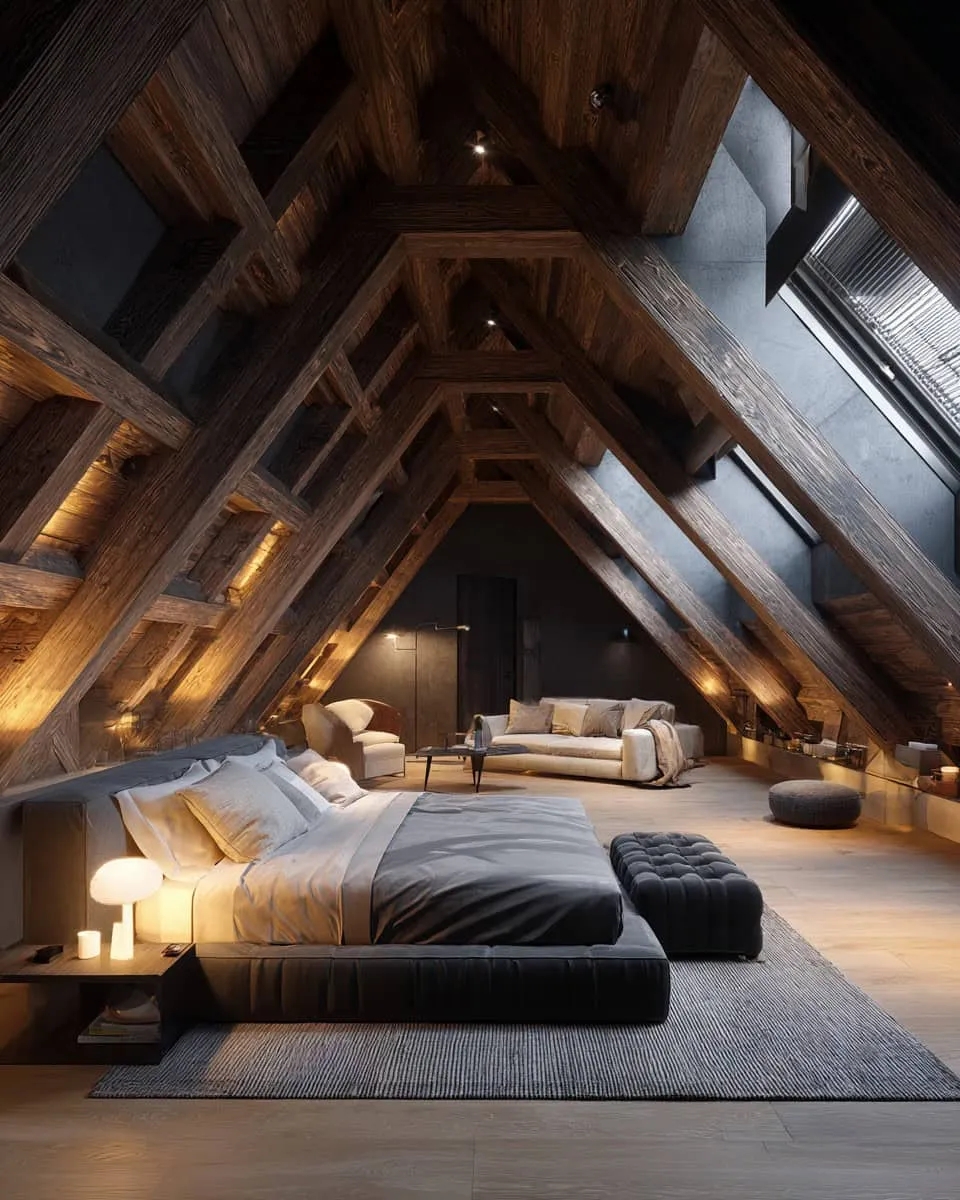 Luxuriöses Dachbodenzimmer mit gewölbten Holzdecken Luxuriöses Dachbodenzimmer mit gewölbten Holzdecken