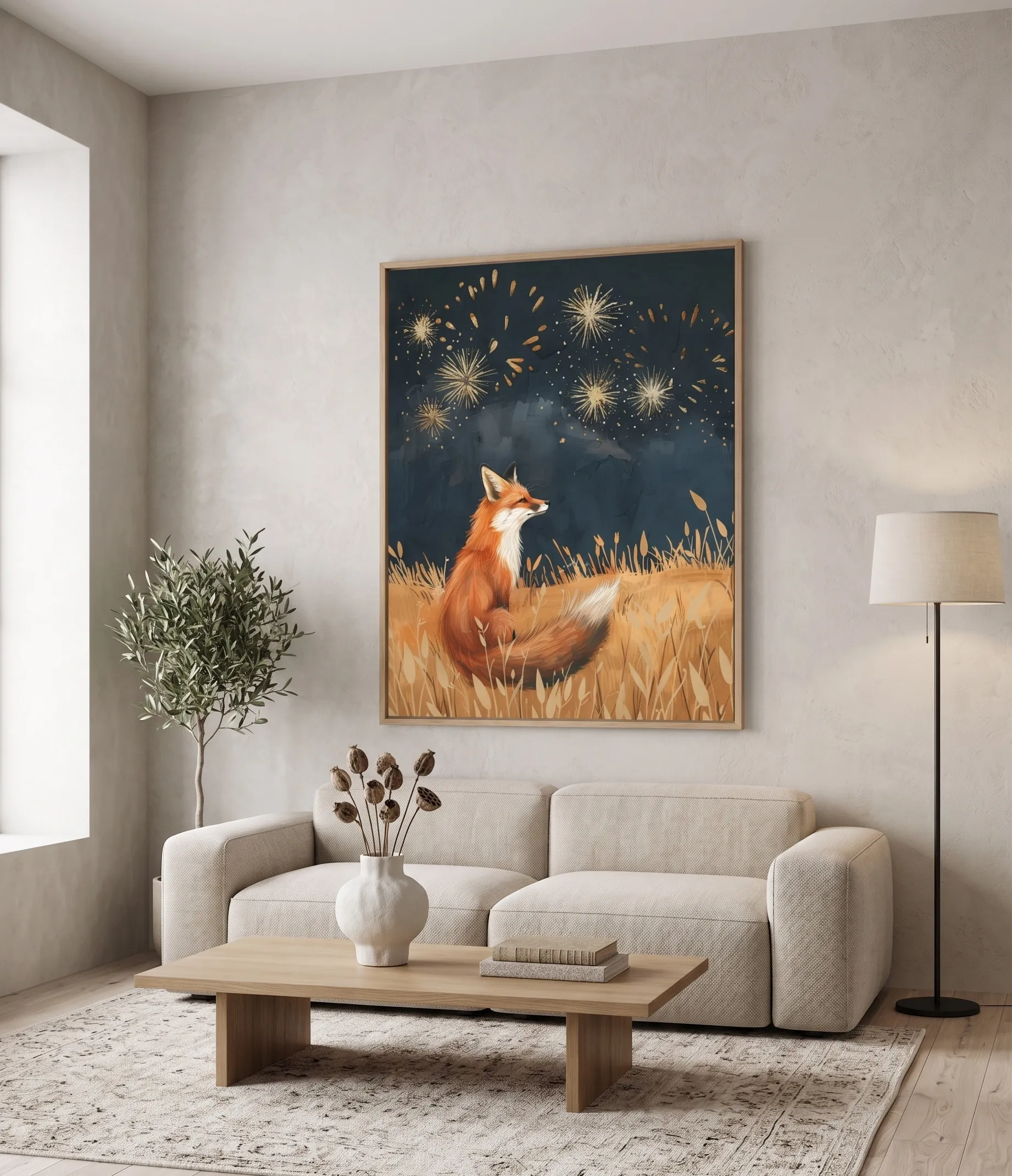 Rostorange Fuchs-Wandbild in Marineblau mit Nachthimmel Rostorange Fuchs-Wandbild mit Marineblauem Nachthimmel, goldenen Feuerwerkseffekten sowie moderner, minimalistischer Tierwelt-Dekoration