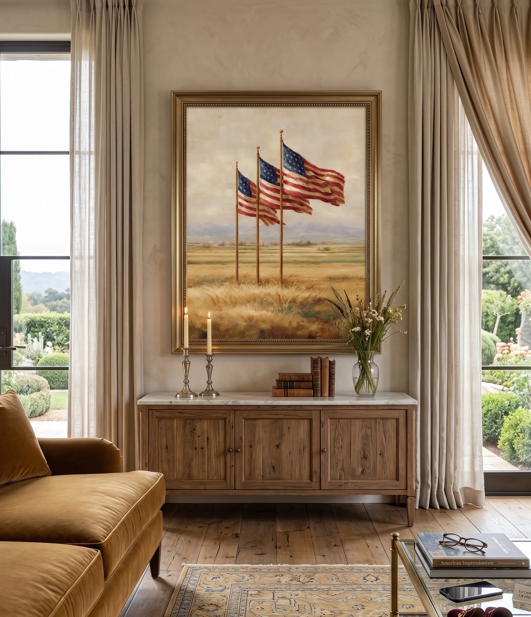 Rustikale Wandkunst mit amerikanischen Flaggen auf einem goldenen Hintergrund in warmen Beigetönen Rustikale Wandkunst mit amerikanischen Flaggen in warmen Beigetönen, ausgestellt in einem neutralen Landhauswohnzimmer