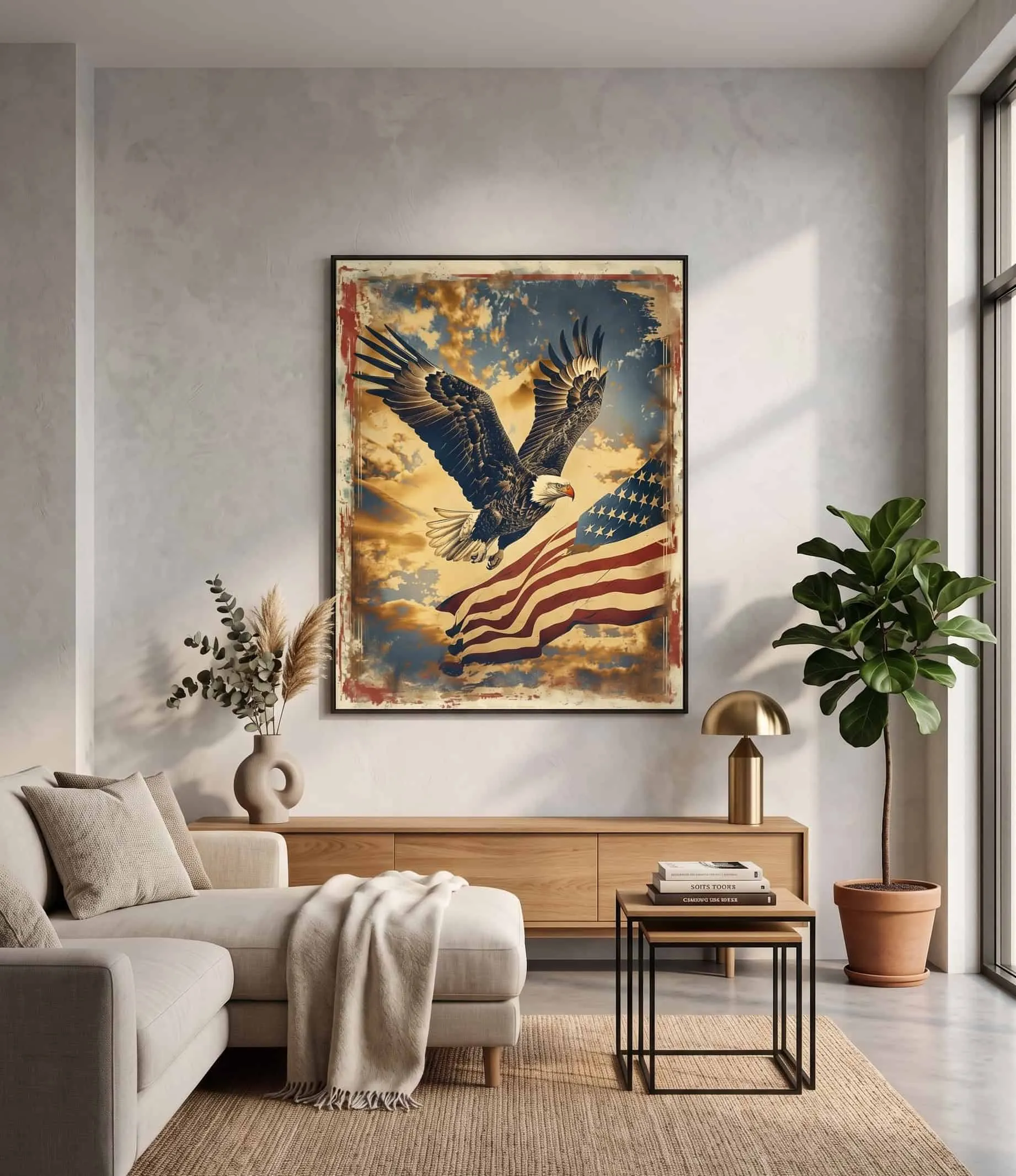 Vintage Bald Eagle American Flag Patriotic Wall Art Vintage-Wandkunst mit Adler und amerikanischer Flagge in einem warmen, modernen Wohnzimmer