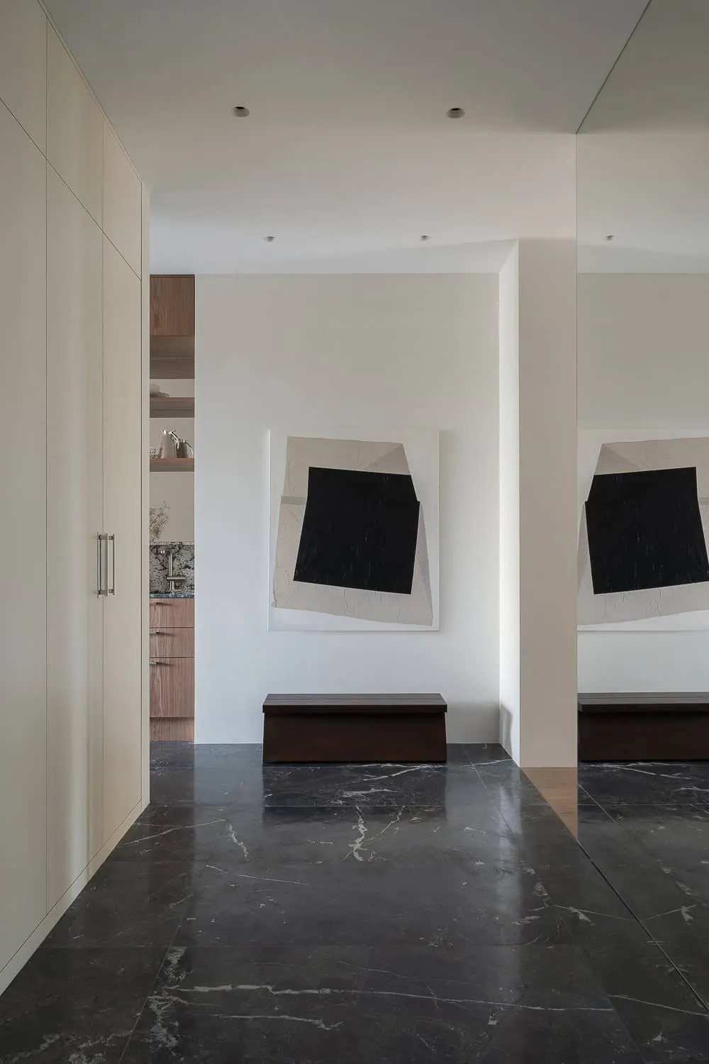 Mosfilmovskaya by AIRE Studio, hallway with bench and wall art, Moscow