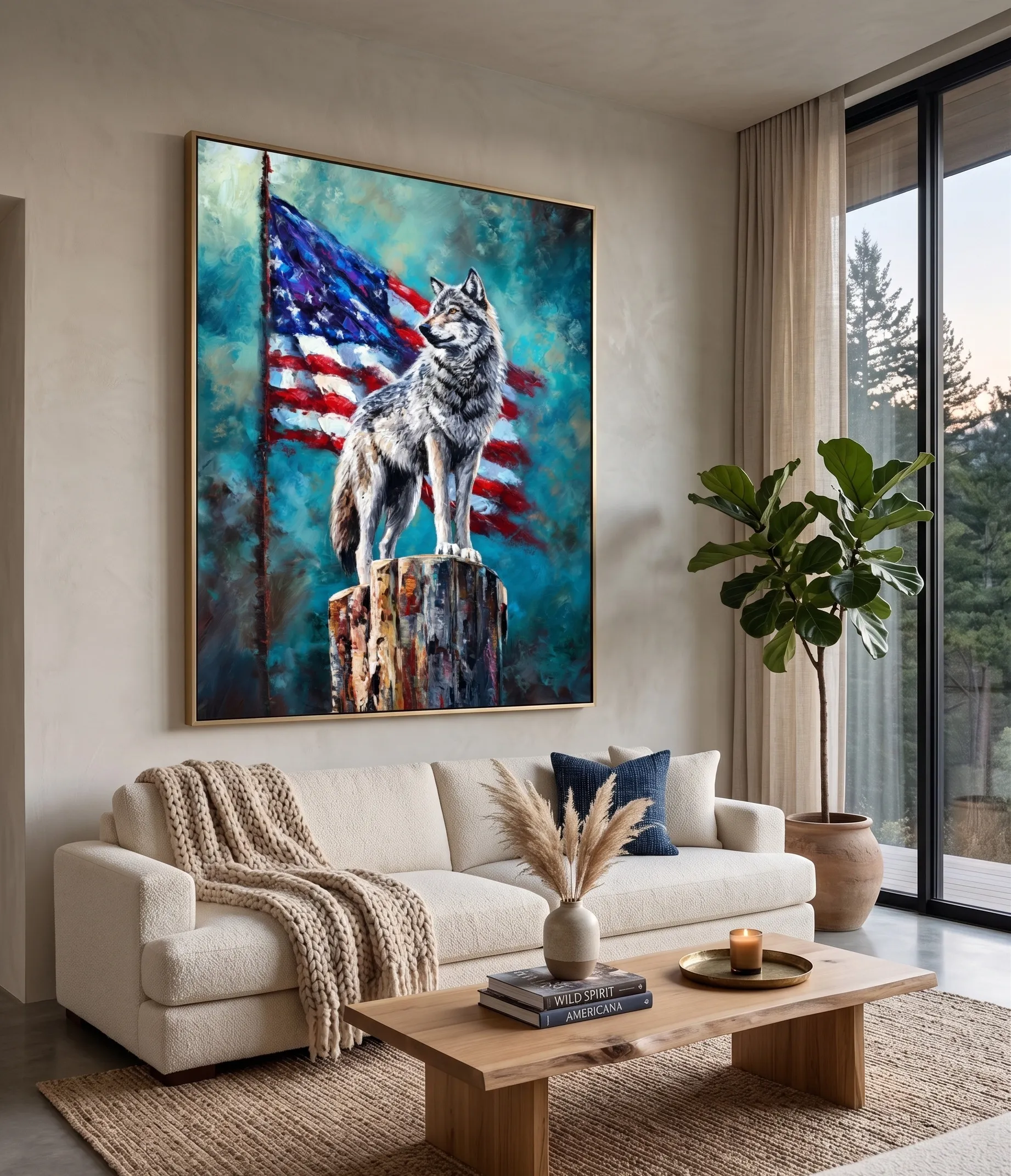 Gedrucktes Wandbild mit texturiertem Wolf und amerikanischer Flagge Gedrucktes Wandbild mit texturiertem Wolf vor einem auffälligen Hintergrund der amerikanischen Flagge im kräftigen, patriotischen Tiermotiv-Stil
