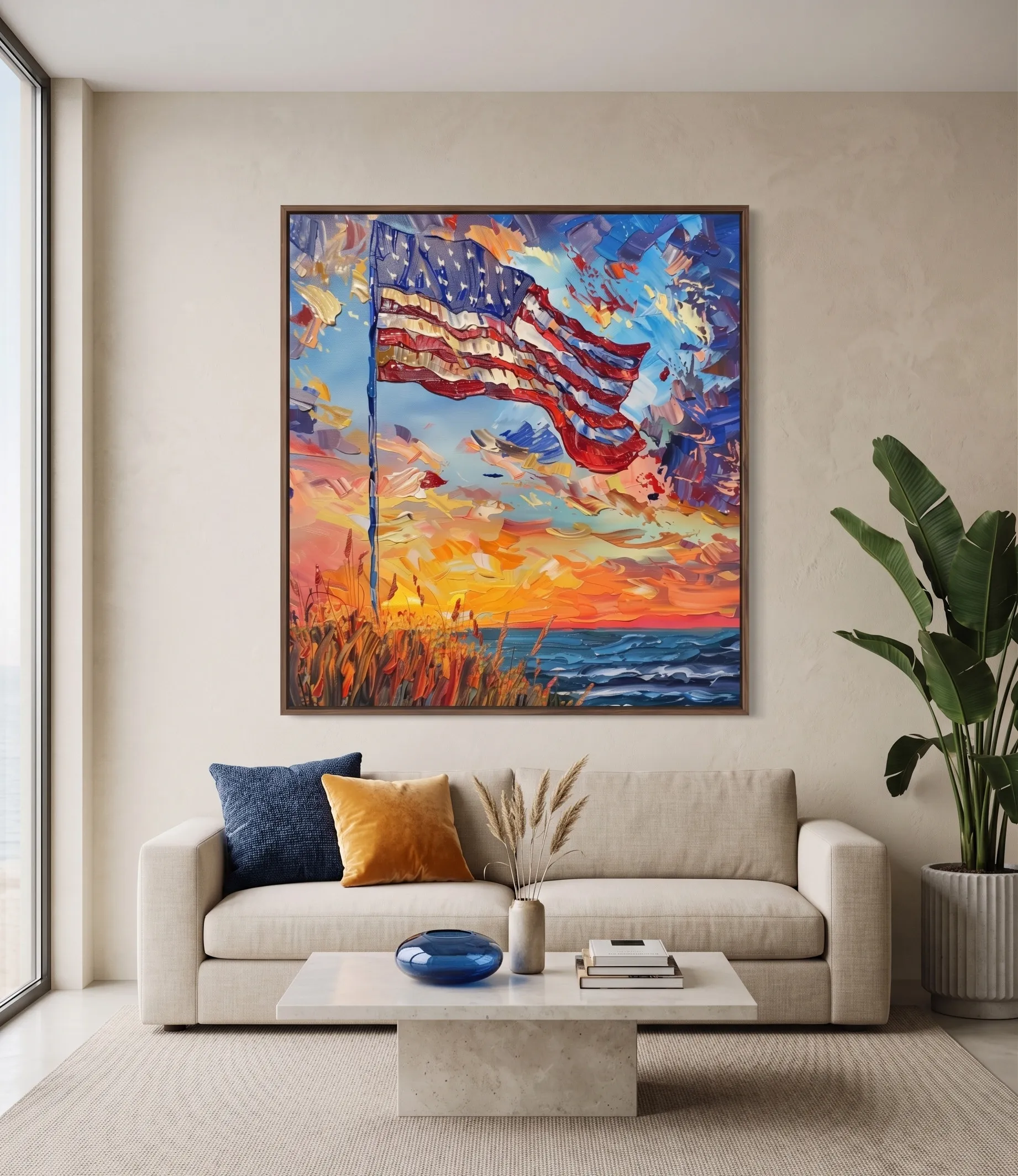 American Flag Ocean Sunset Palette Knife Wall Art Print Buntes Wandbild mit amerikanischer Flagge, Meeresuntergang und Palette-Knife-Textur sowie Küstenlandschaft