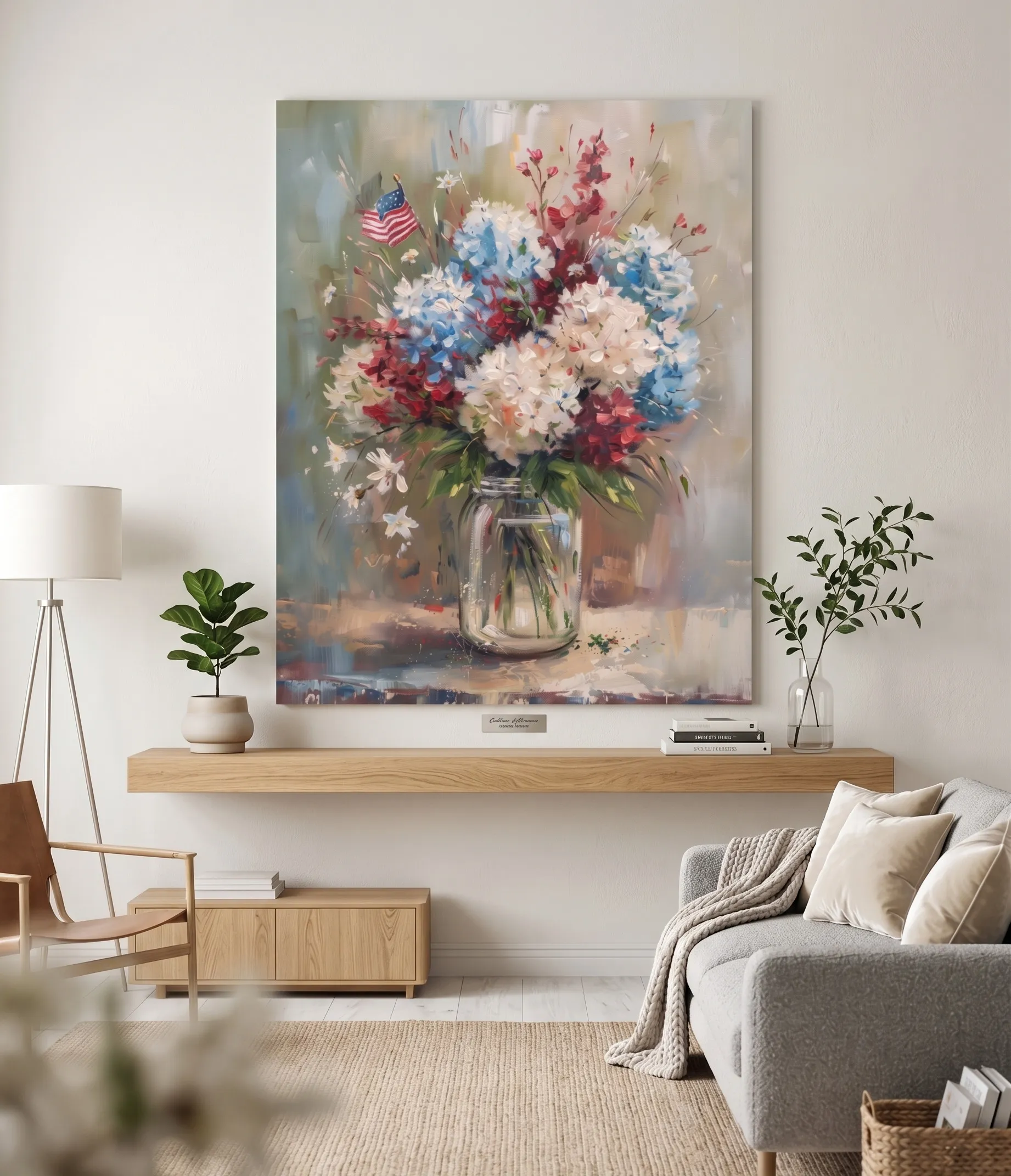 Patriotisches florales impressionistisches Wandbild mit einem Bouquet aus Rot, Weiß und Blau Patriotisches florales impressionistisches Wandbild mit einem Bouquet aus Rot, Weiß und Blau sowie Akzenten in der amerikanischen Flagge in einem modernen, neutralen Wohnzimmer