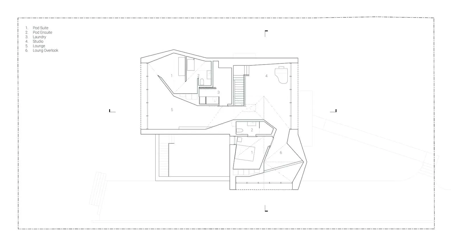 Re-folded House Second Floor Plan by McLeod Bovell Modern Houses Re-folded House second floor plan with pod suite, studio, lounge, Vancouver