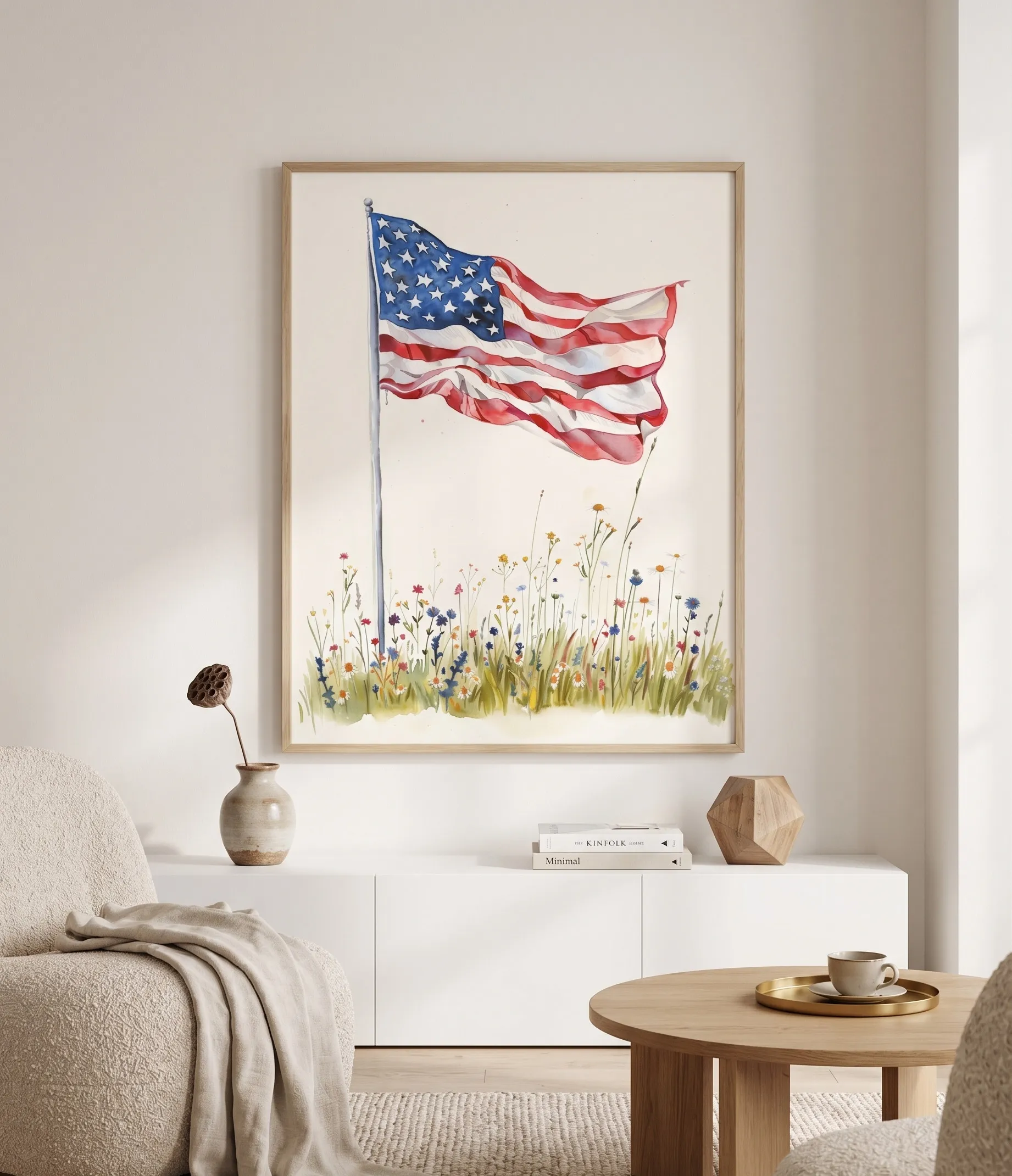 Druck mit amerikanischer Flagge und Wildblumen für eine sanfte, patriotische Blumendekoration Aquarelldruck mit amerikanischer Flagge und Wildblumen sowie einem zarten Blumenwiesenmuster, dargestellt in einem sanft gehaltenen, neutralen Wohnzimmer