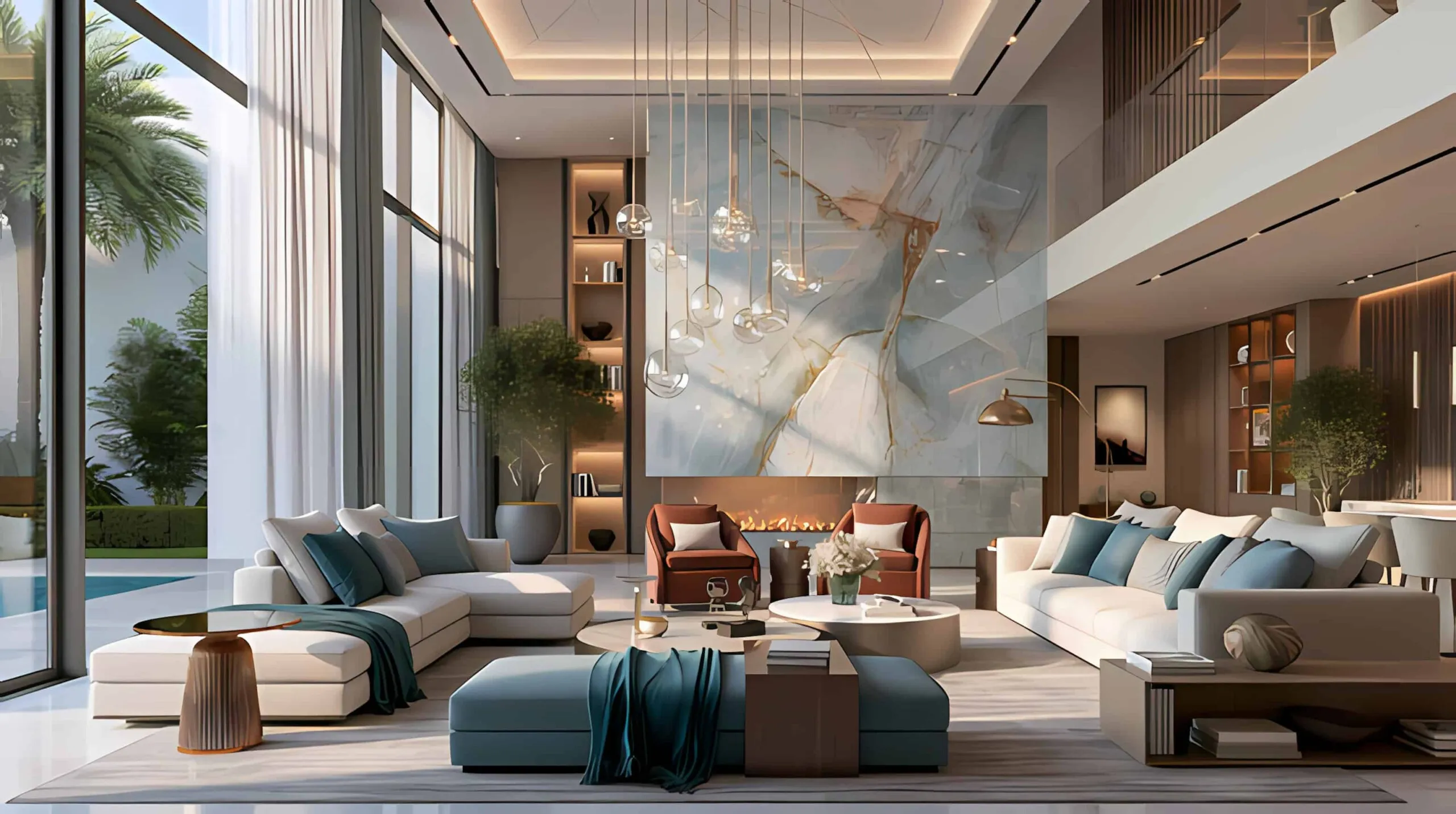 Eleganter moderner Wohnraum mit großen Fenstern, zeitgenössischem Mobiliar und künstlerischer Wanddekoration – perfekt für hochwertiges Innenarchitekturdesign in Miami.