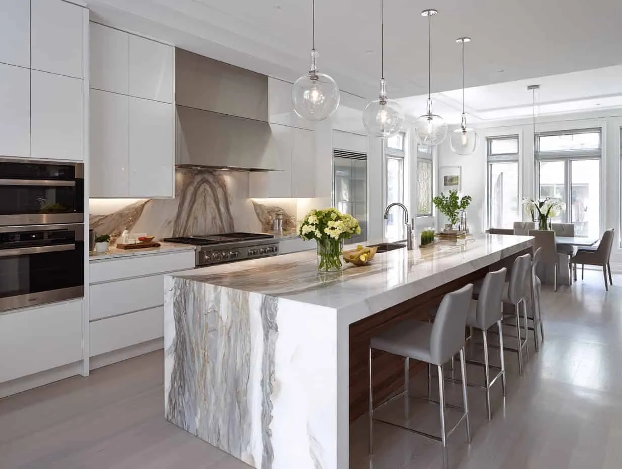 Moderne Küche mit eleganten weißen Küchenmöbeln, Marmorkücheninsel, Geräten aus Edelstahl sowie zeitgenössischer Hängelampe in einem hellen, offenen Haushalt.