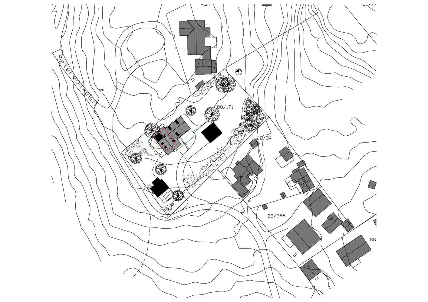 Solem Forest House Site Morphology – MORFEUS arkitekter Solem Forest House by MORFEUS arkitekter site morphology diagram with contours and terrain